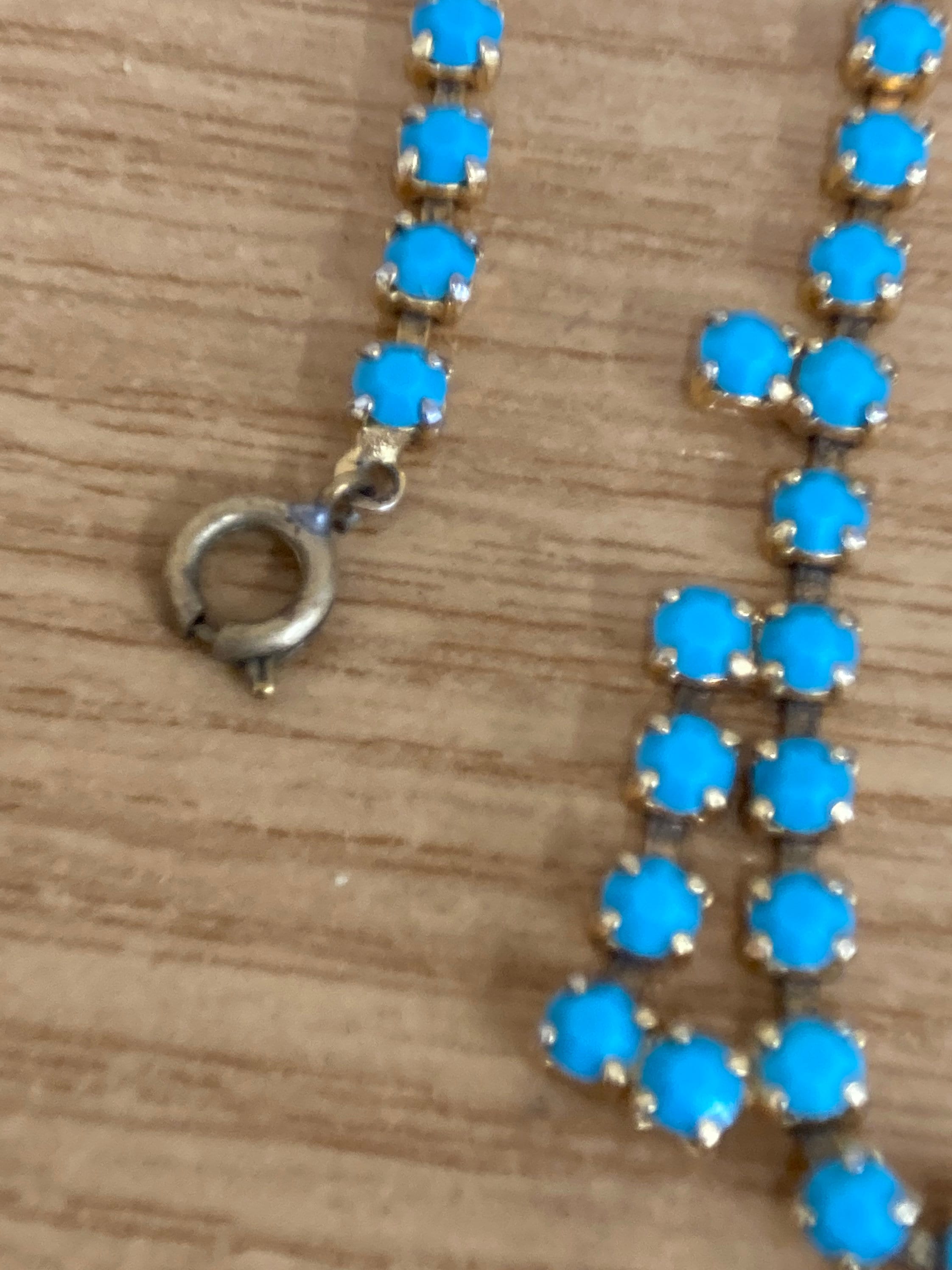 Vintage 1960s gold tone drop necklace with turquoise glass paste stones