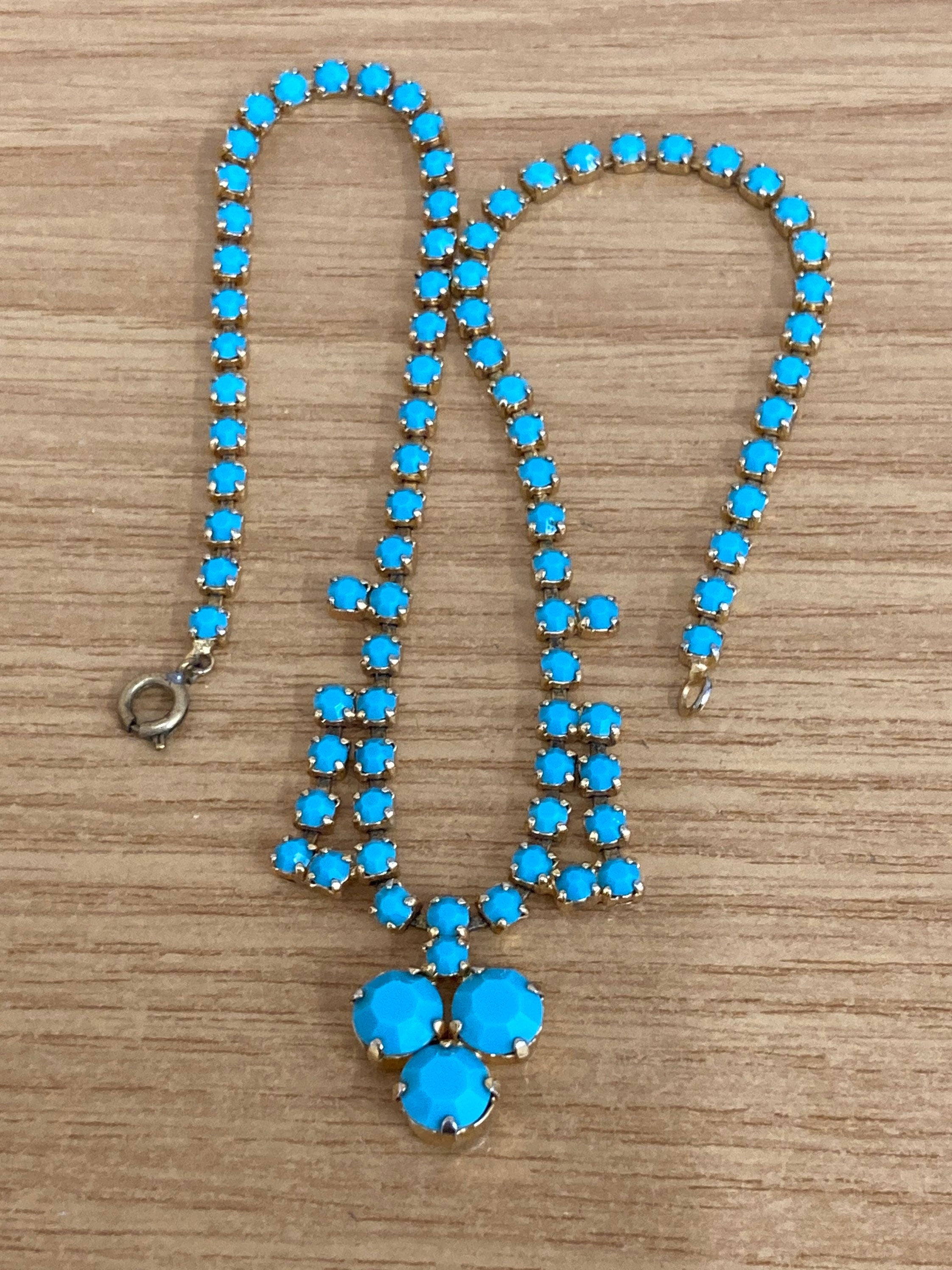 Vintage 1960s gold tone drop necklace with turquoise glass paste stones