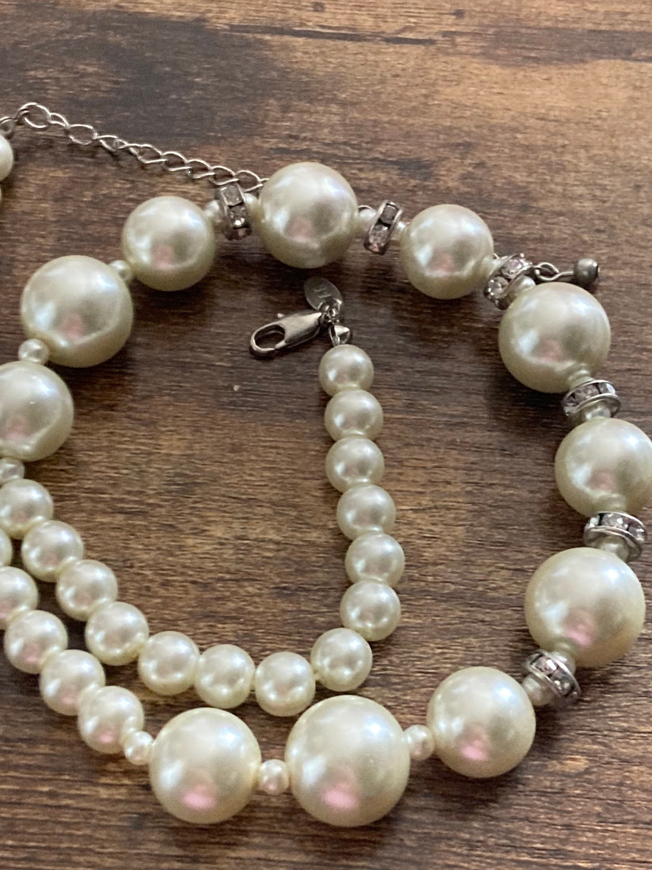 Retro M&S Cream Glass Pearl ball link diamanté Necklace single strand
