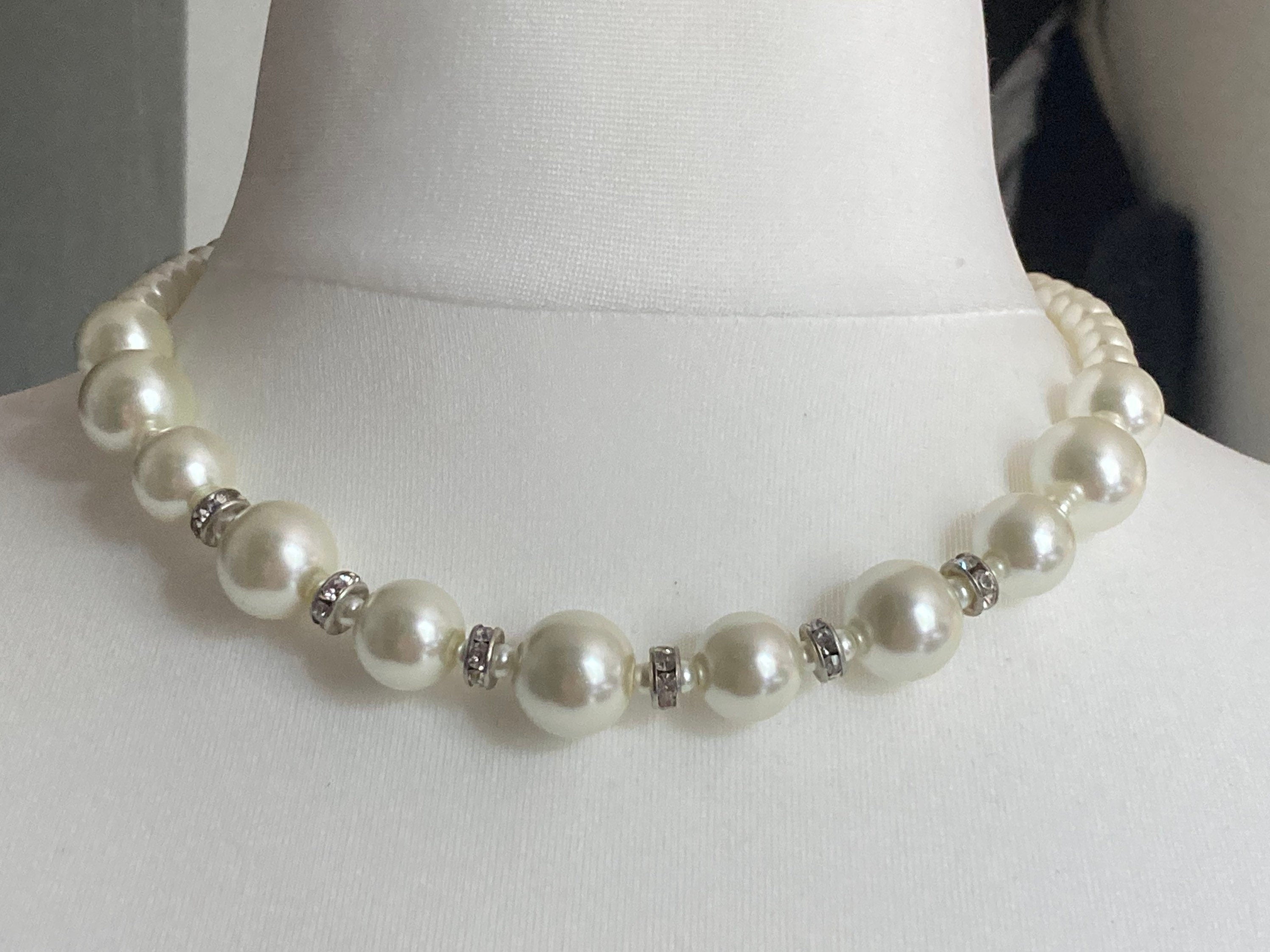 Retro M&S Cream Glass Pearl ball link diamanté Necklace single strand