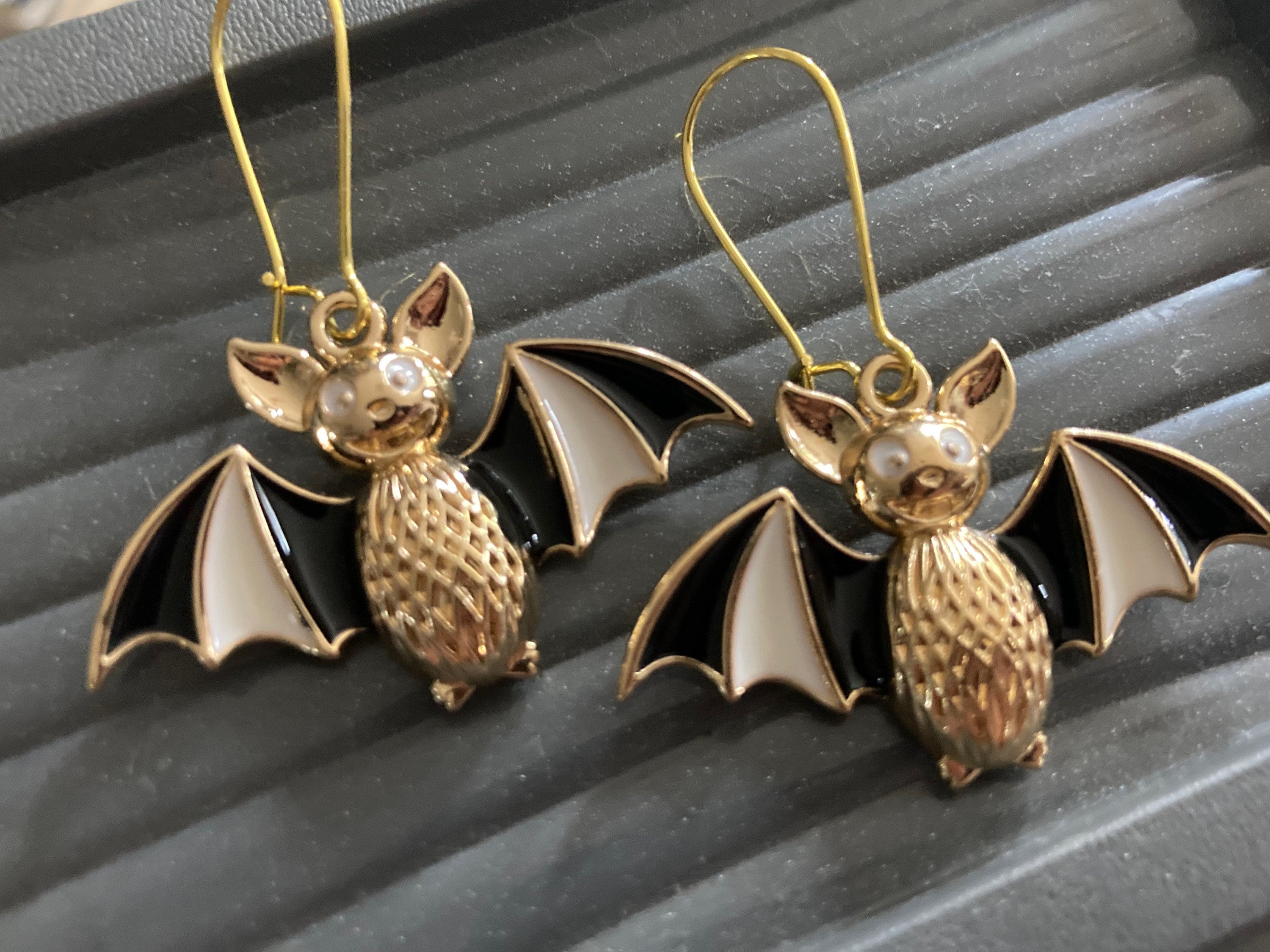 Large Handmade Novelty gold tone 3D black white enamel metal oversized BAT spooky drop earrings for Halloween