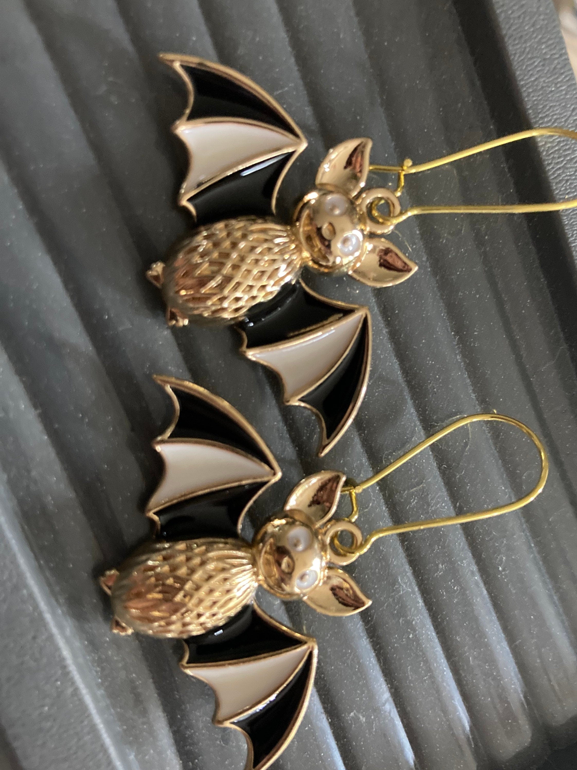 Large Handmade Novelty gold tone 3D black white enamel metal oversized BAT spooky drop earrings for Halloween