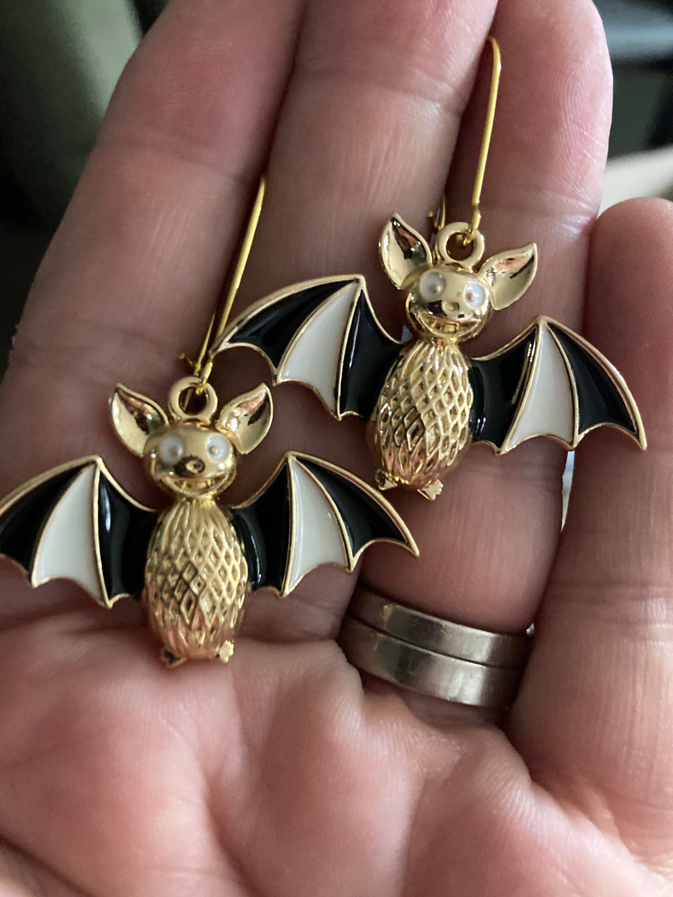 Large Handmade Novelty gold tone 3D black white enamel metal oversized BAT spooky drop earrings for Halloween