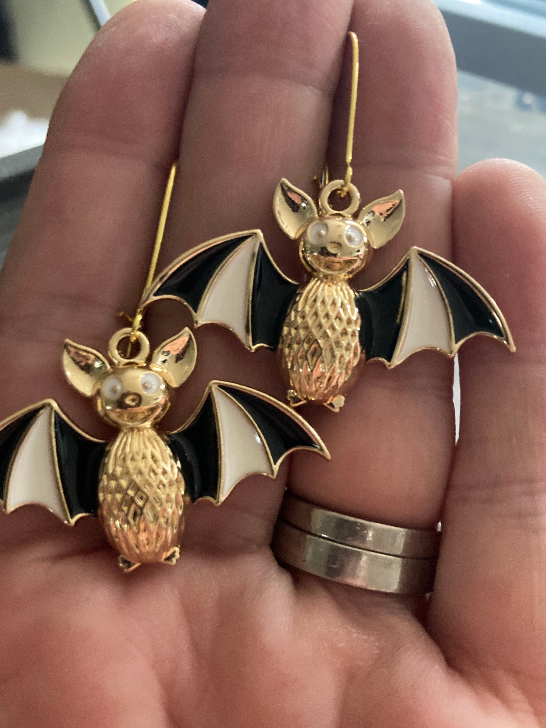 Large Handmade Novelty gold tone 3D black white enamel metal oversized BAT spooky drop earrings for Halloween
