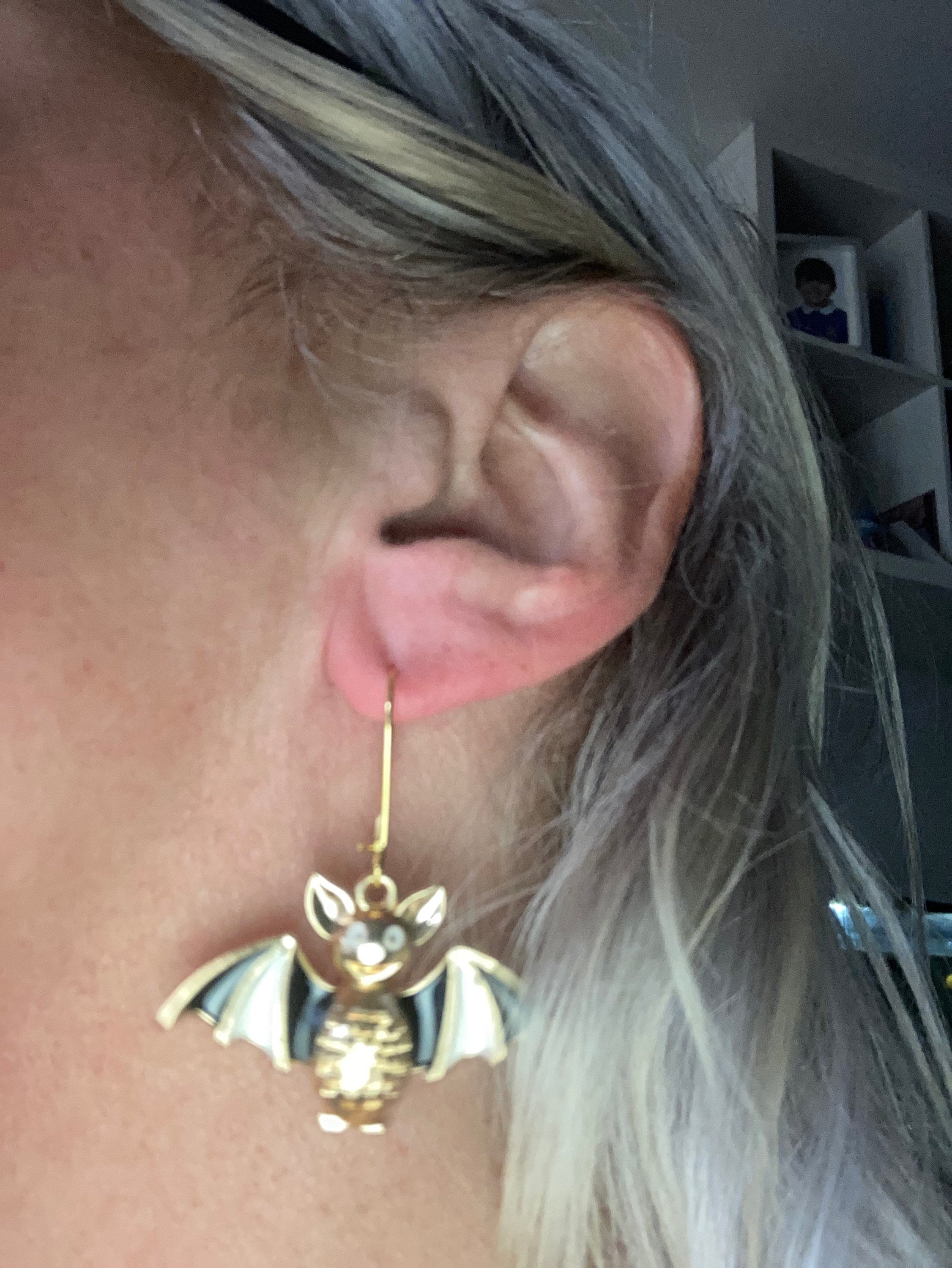 Large Handmade Novelty gold tone 3D black white enamel metal oversized BAT spooky drop earrings for Halloween