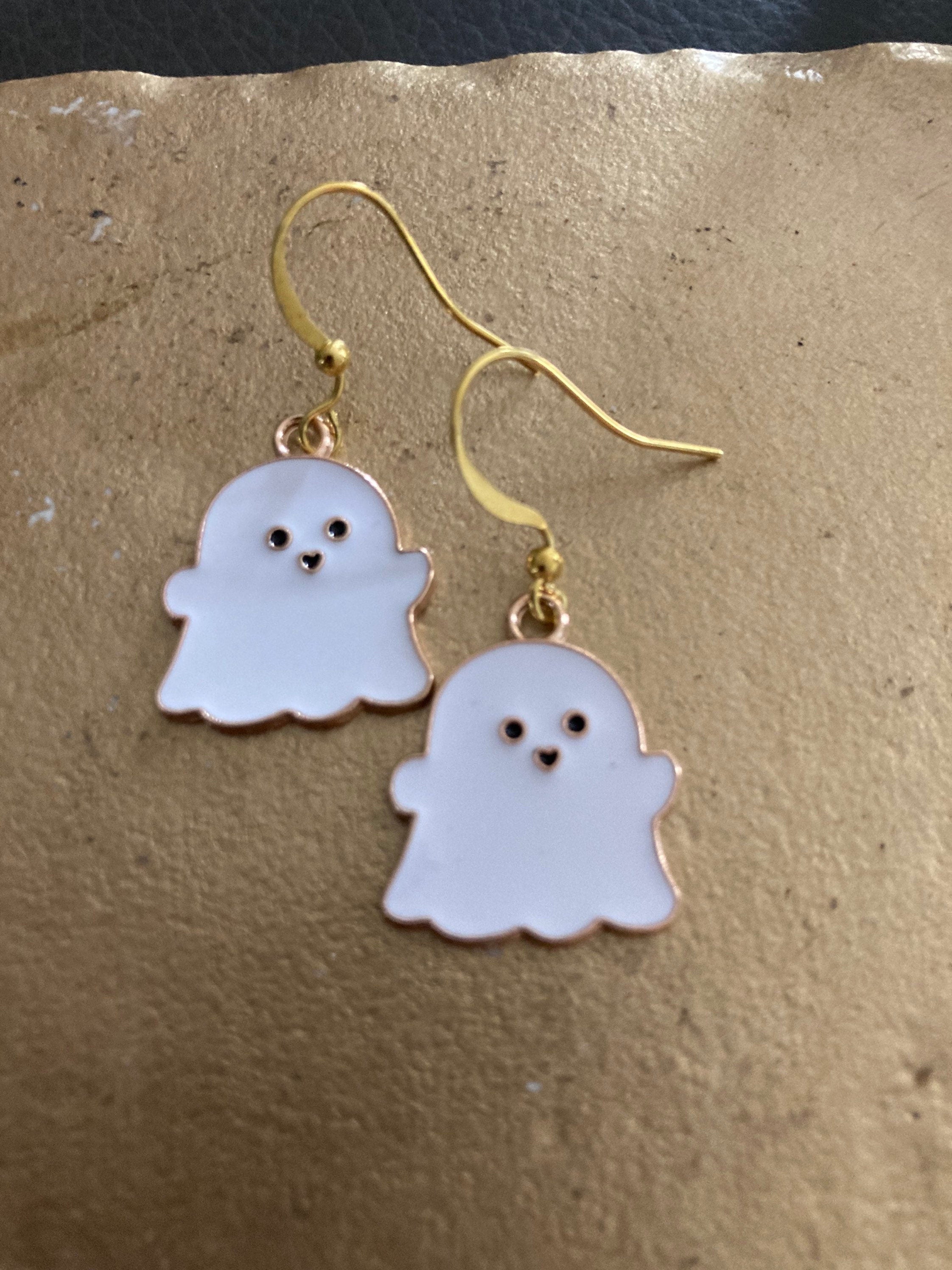 Handmade Novelty gold white enamel metal cute GHOST spooky drop earrings for pierced ears! Halloween