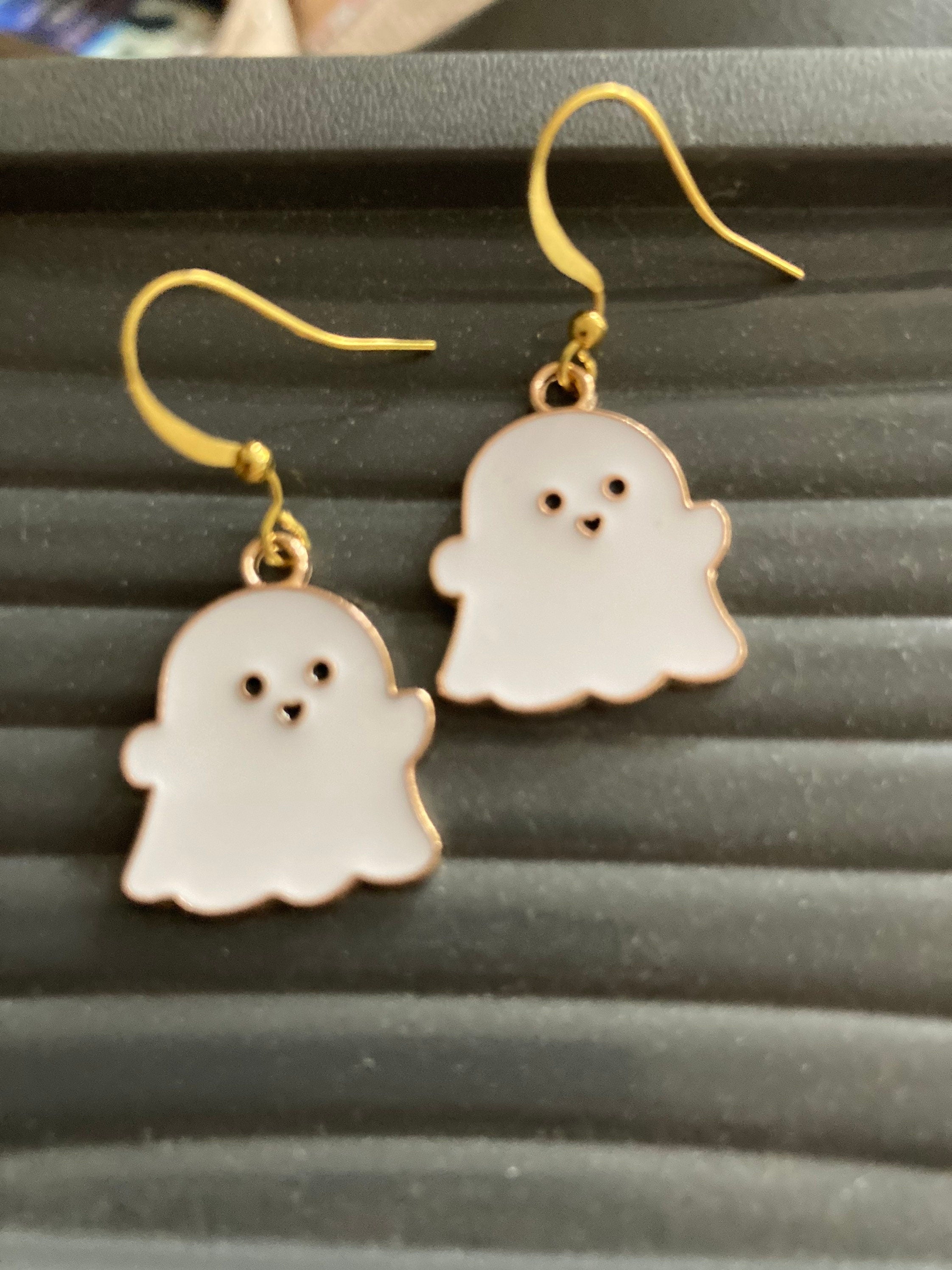 Handmade Novelty gold white enamel metal cute GHOST spooky drop earrings for pierced ears! Halloween