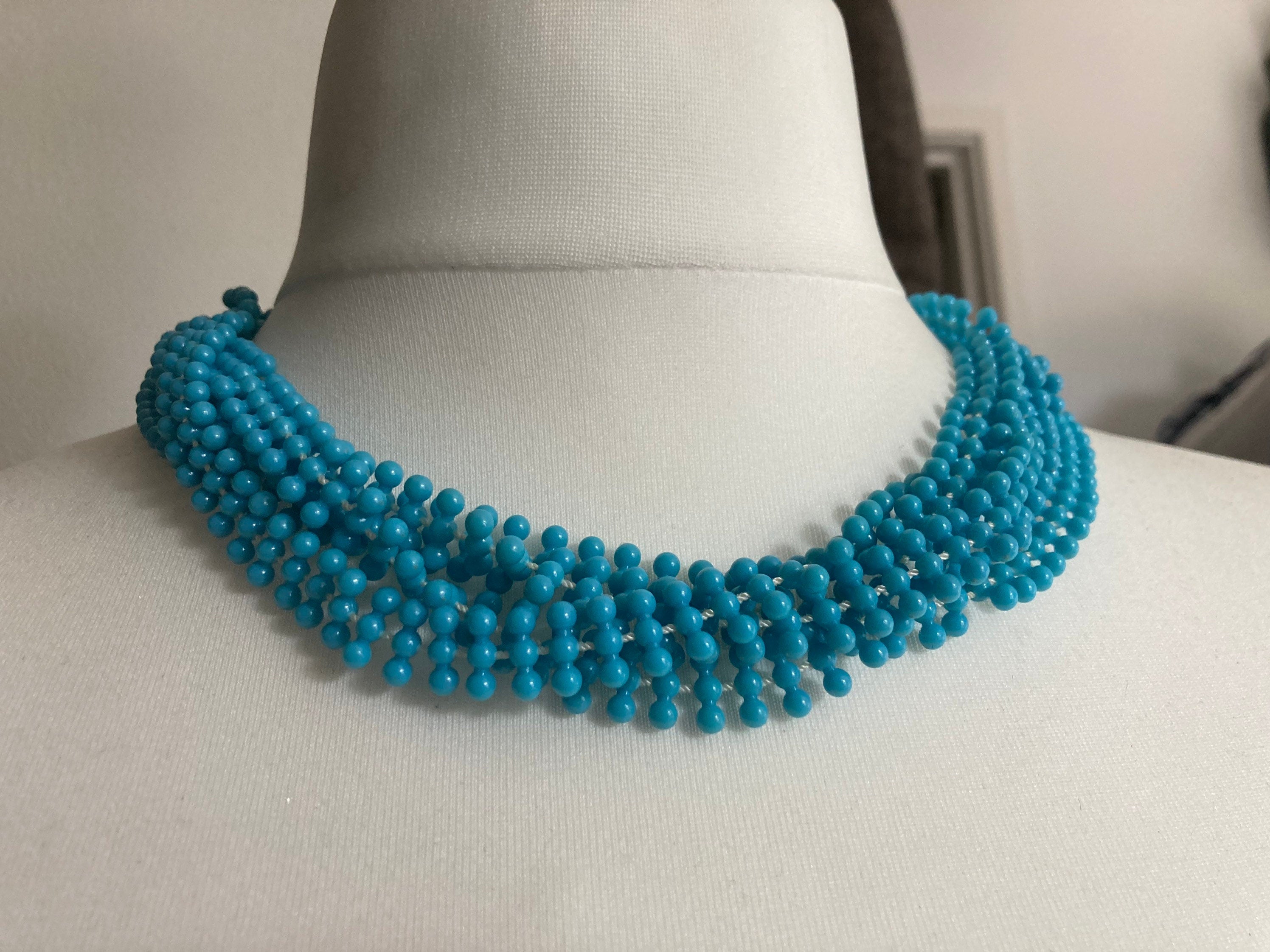 Vintage multi strand bright turquoise plastic fixed beaded necklace