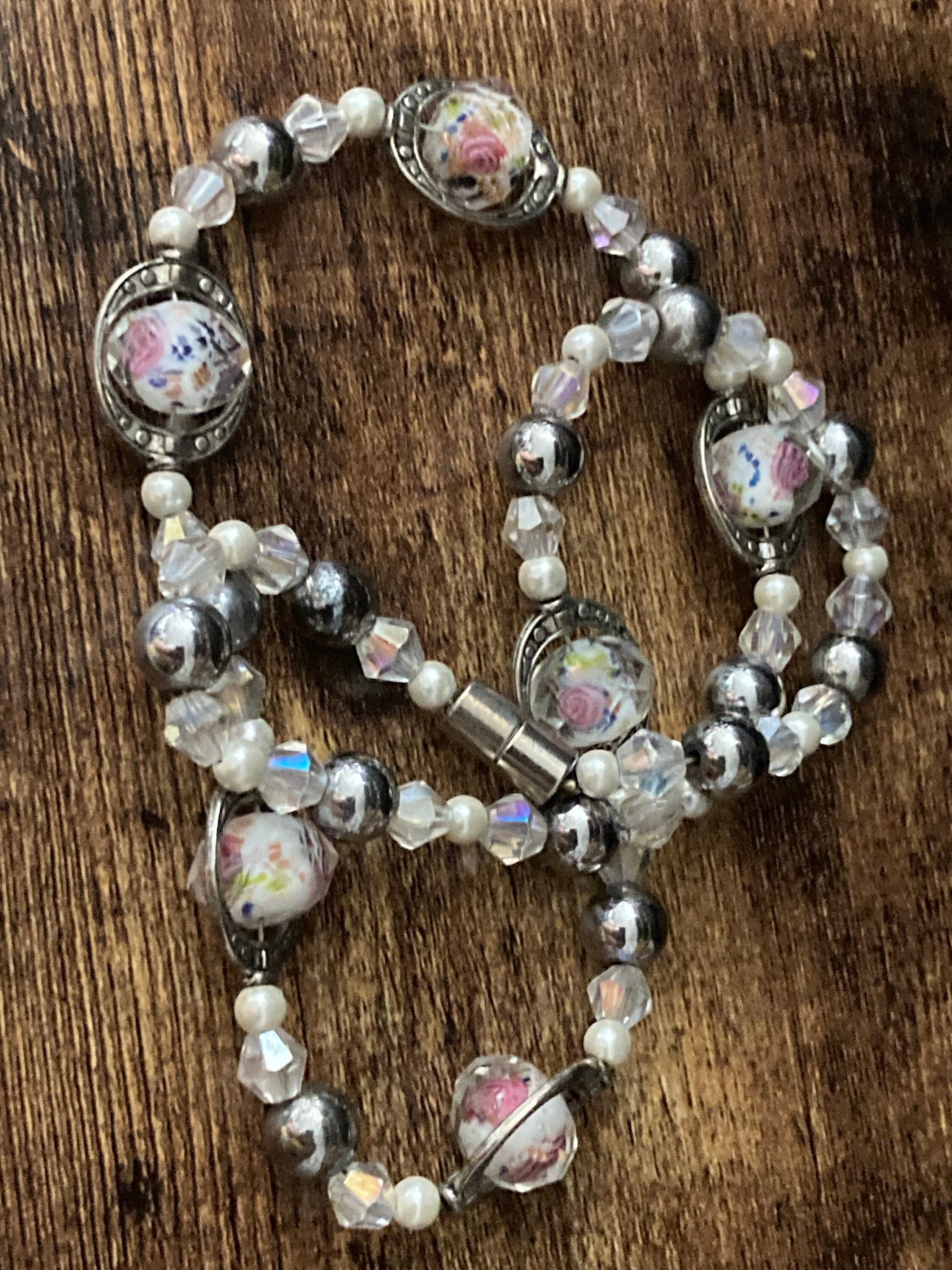 Faceted glass single strand beaded clear crystal glass and hematite necklace 51cm