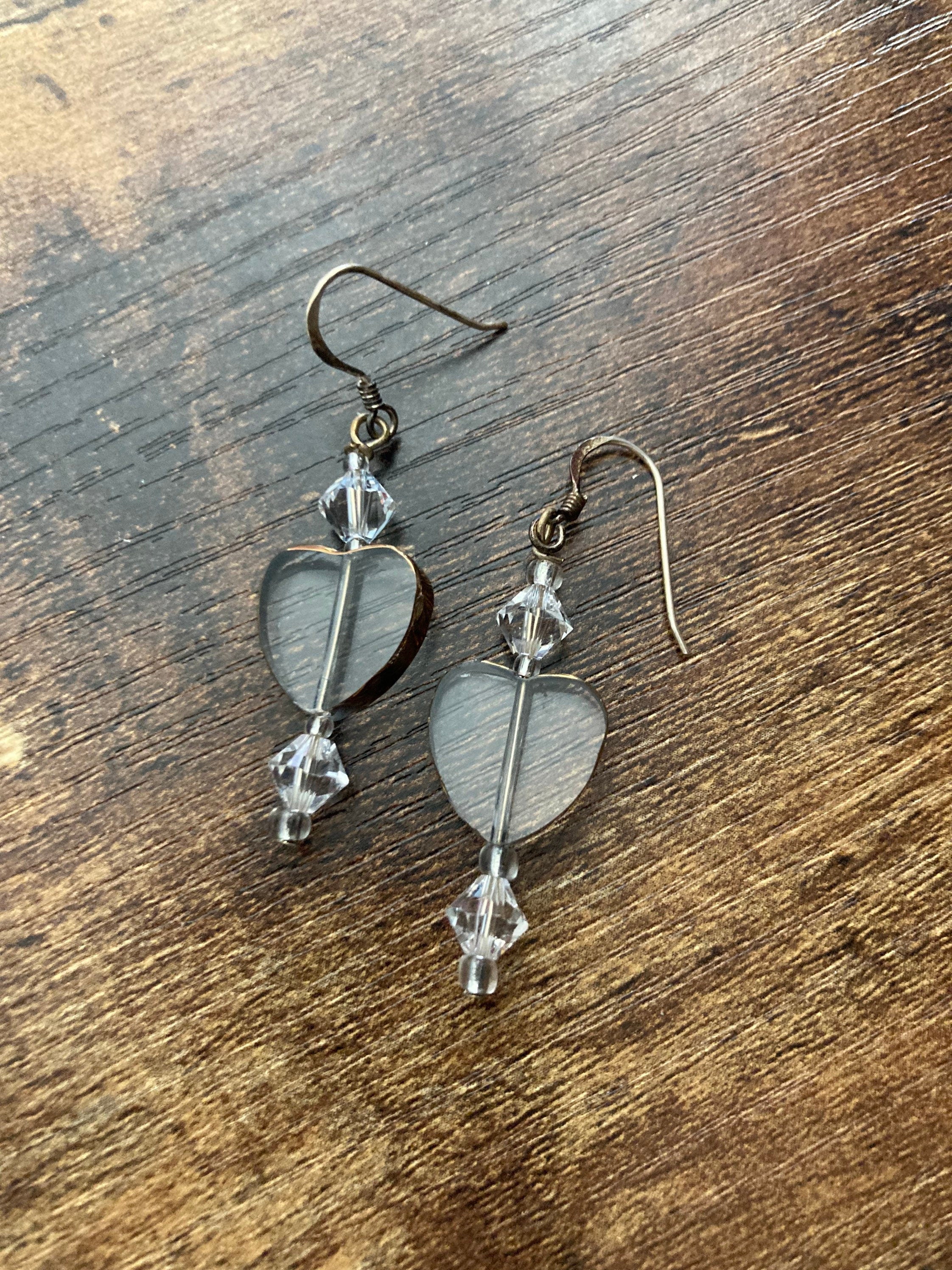 white clear bronze poured glass crystal heart necklace & matching earrings Sterling 925 clasps and ear wires