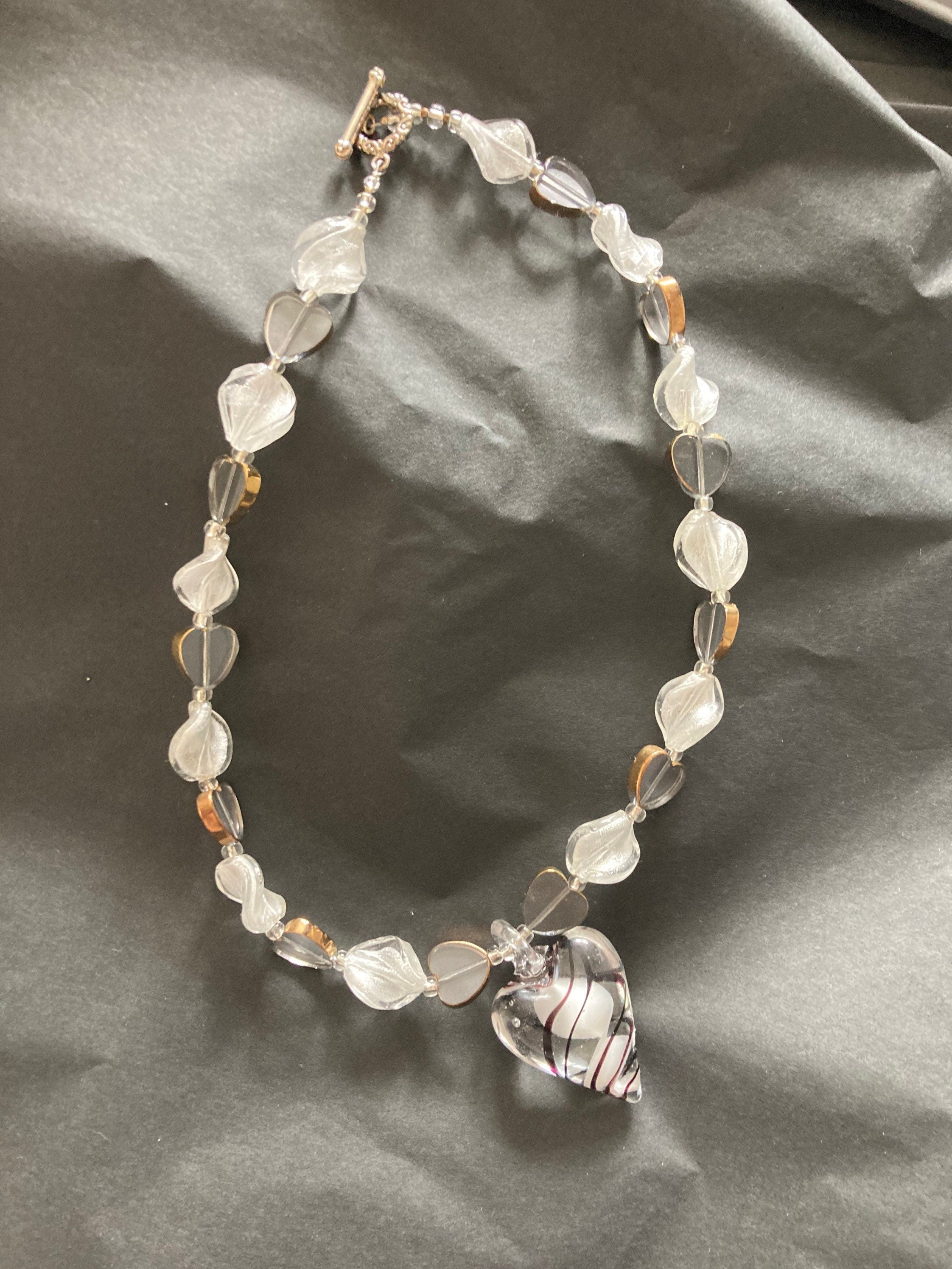 white clear bronze poured glass crystal heart necklace & matching earrings Sterling 925 clasps and ear wires