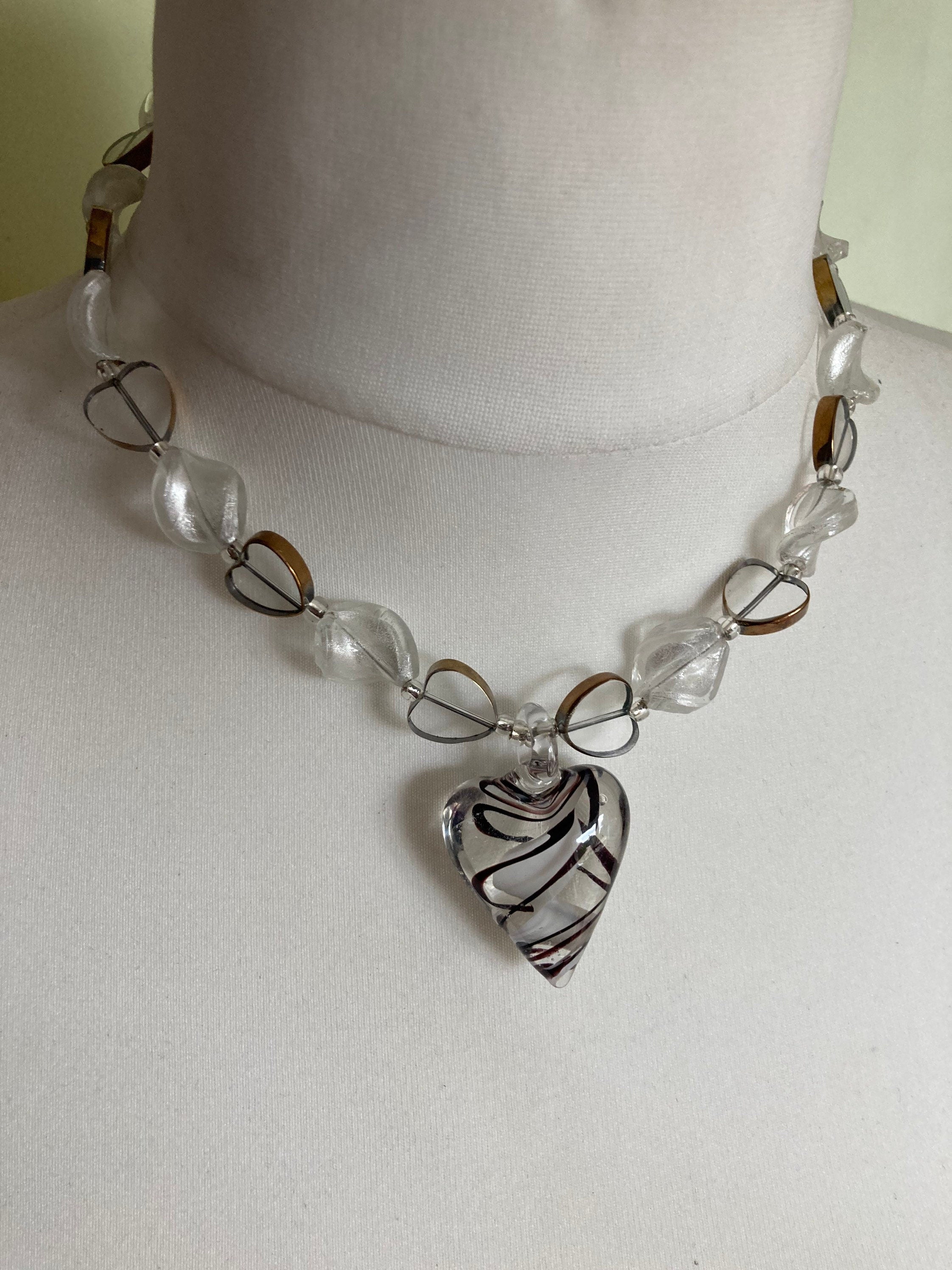 white clear bronze poured glass crystal heart necklace & matching earrings Sterling 925 clasps and ear wires