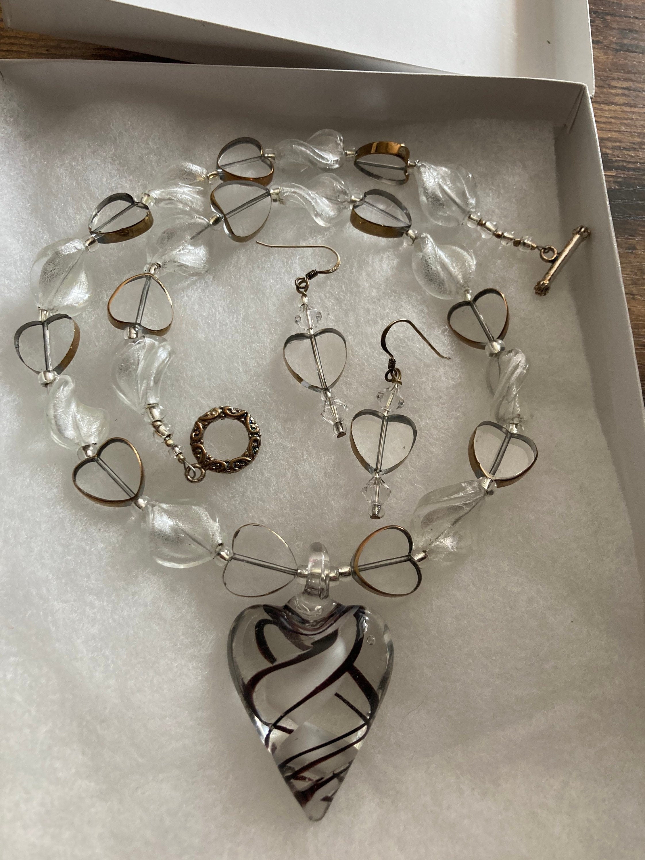 white clear bronze poured glass crystal heart necklace & matching earrings Sterling 925 clasps and ear wires