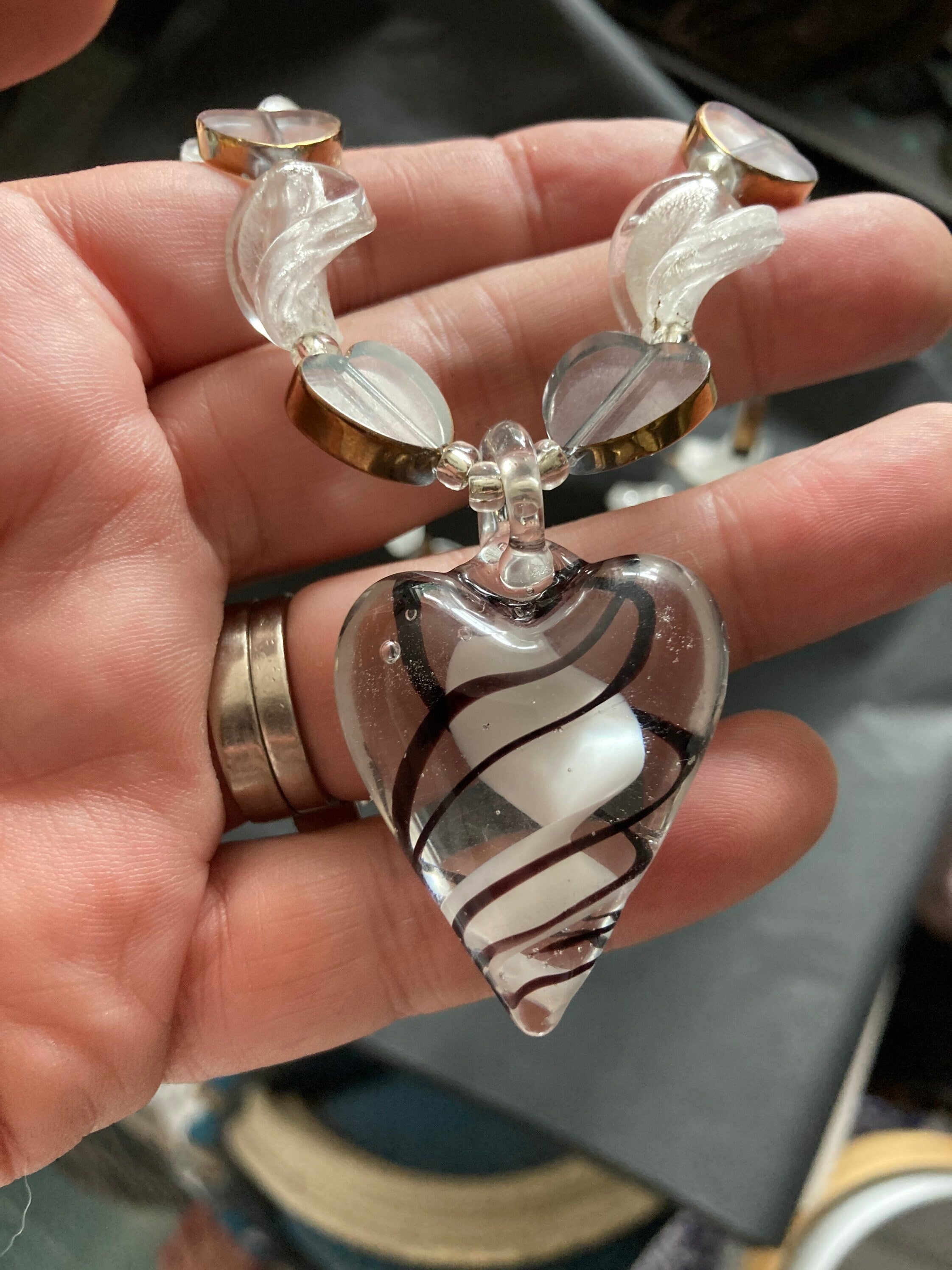 white clear bronze poured glass crystal heart necklace & matching earrings Sterling 925 clasps and ear wires