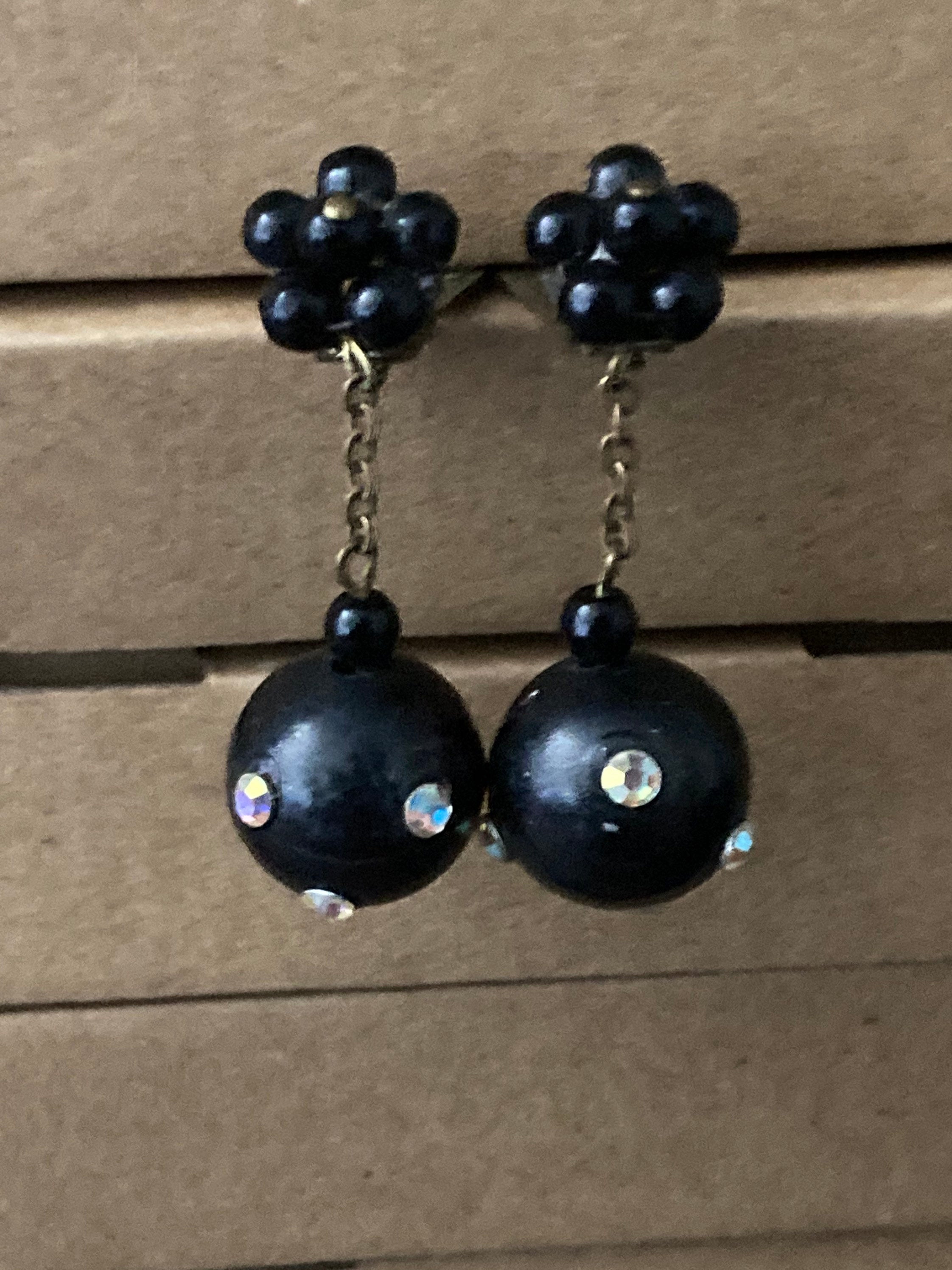 art deco black diamanté ball clip on earrings, chain link