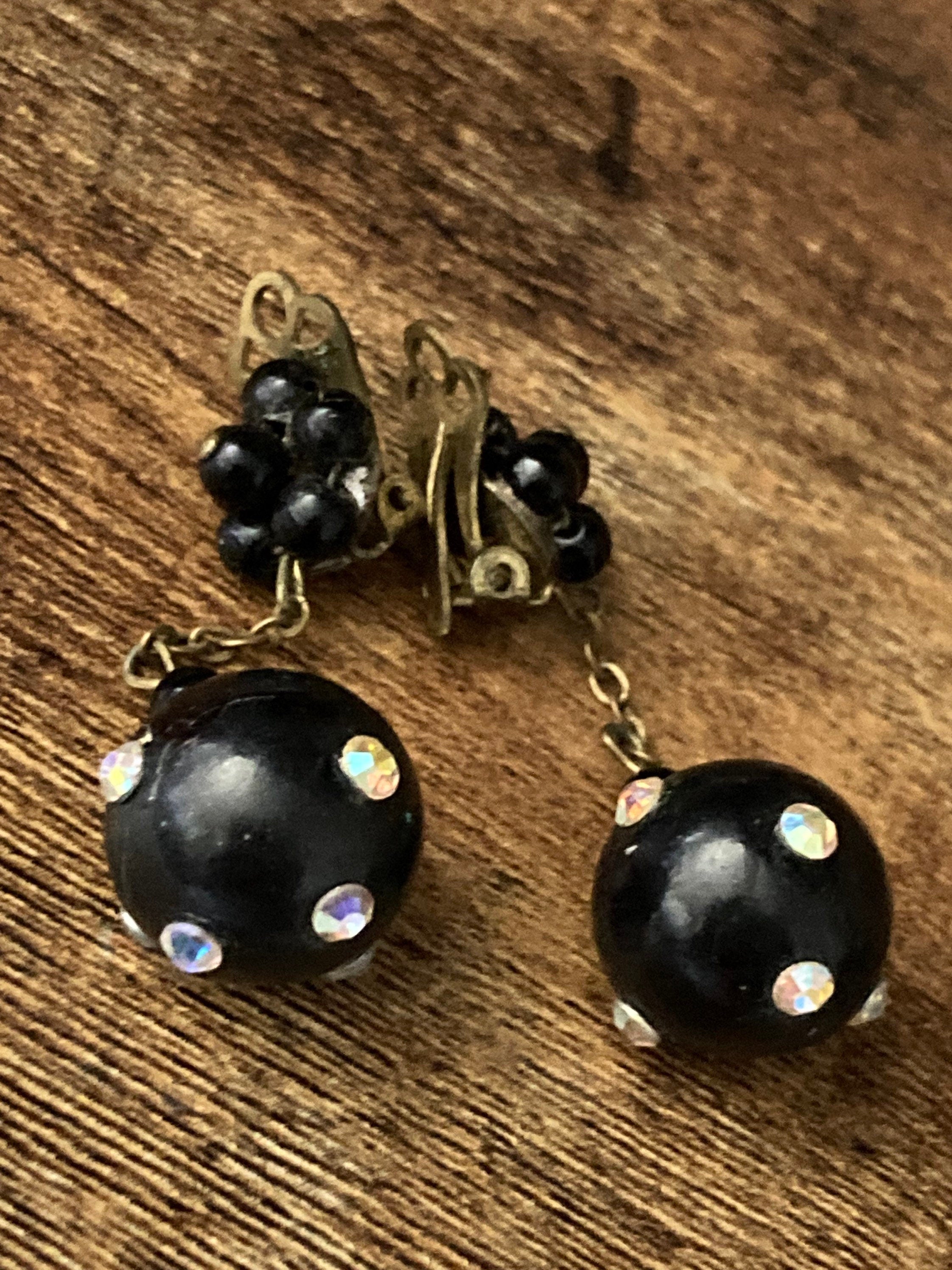 art deco black diamanté ball clip on earrings, chain link