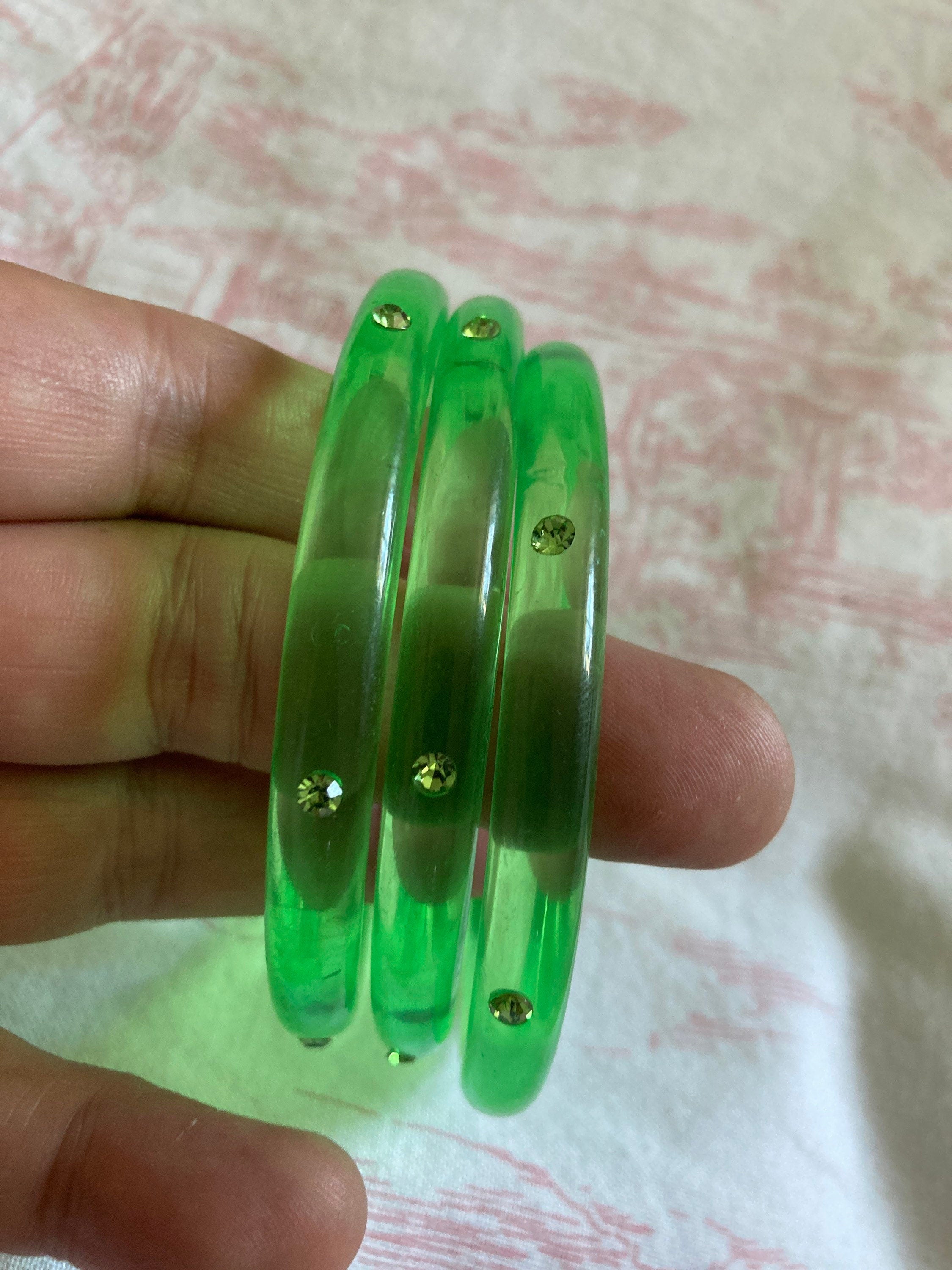 LIME GREEN diamanté stack of vintage opaque plastic bangles