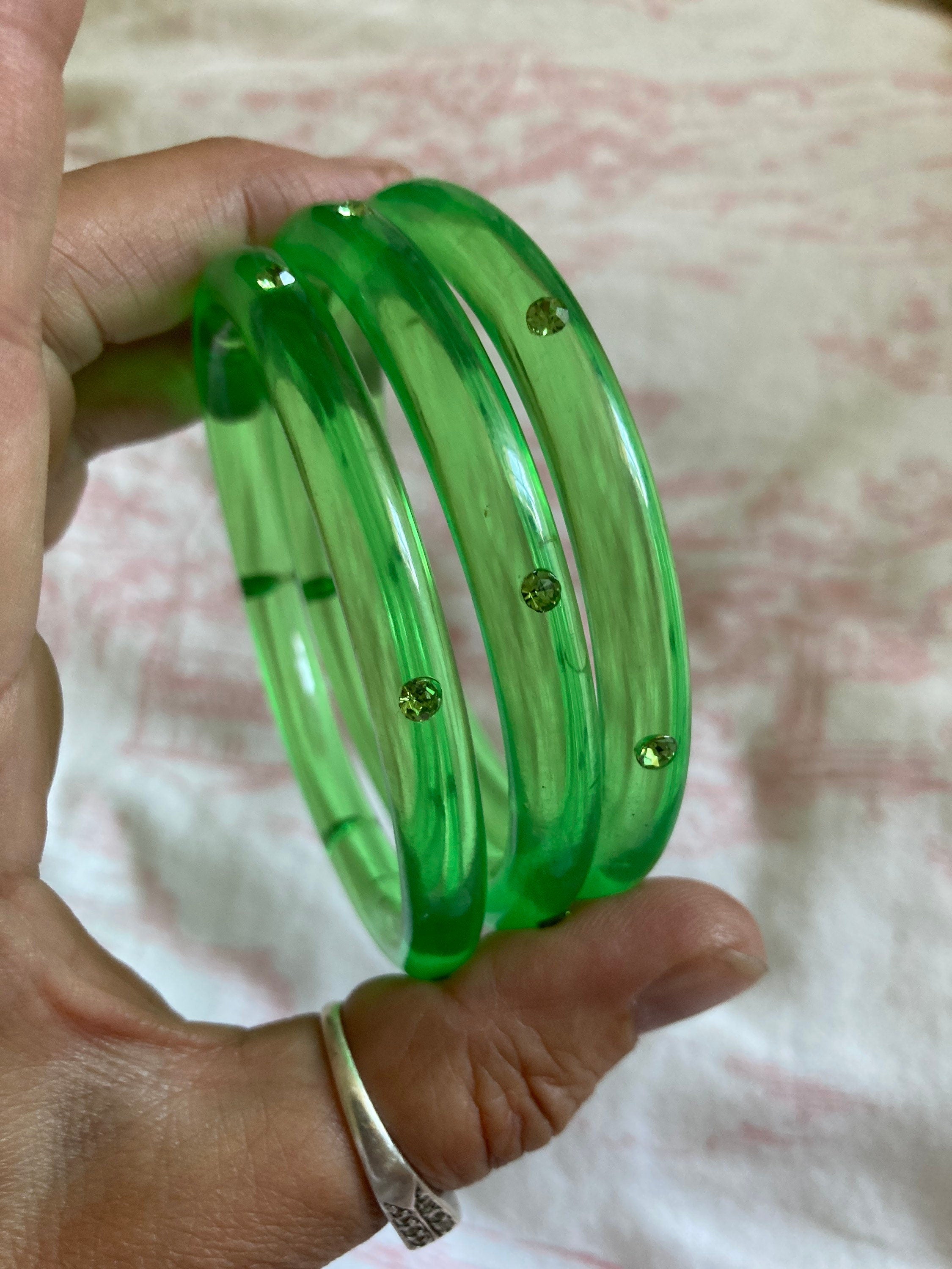 LIME GREEN diamanté stack of vintage opaque plastic bangles