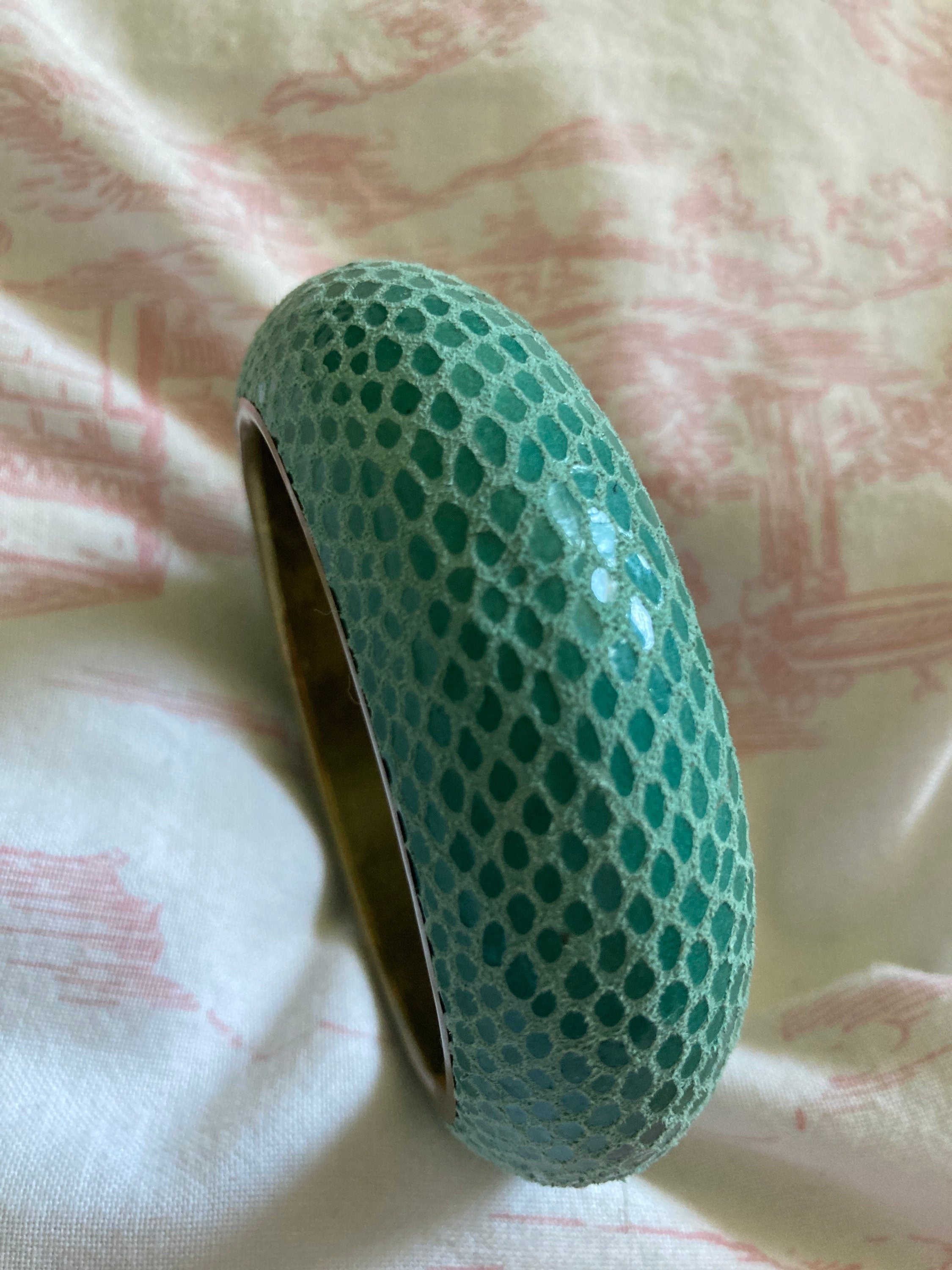 Faux shagreen green brass wide cuff bangle