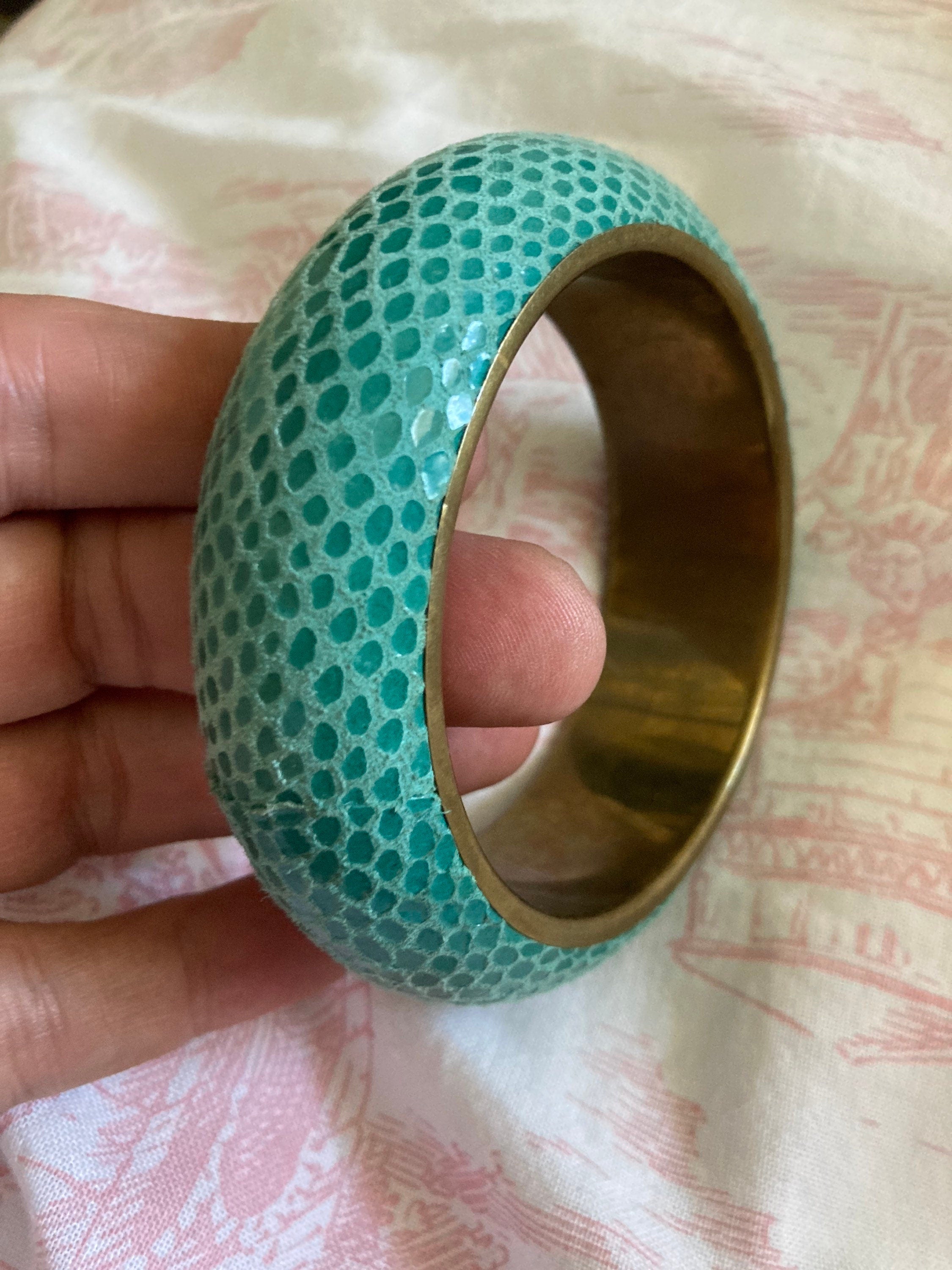 Faux shagreen green brass wide cuff bangle