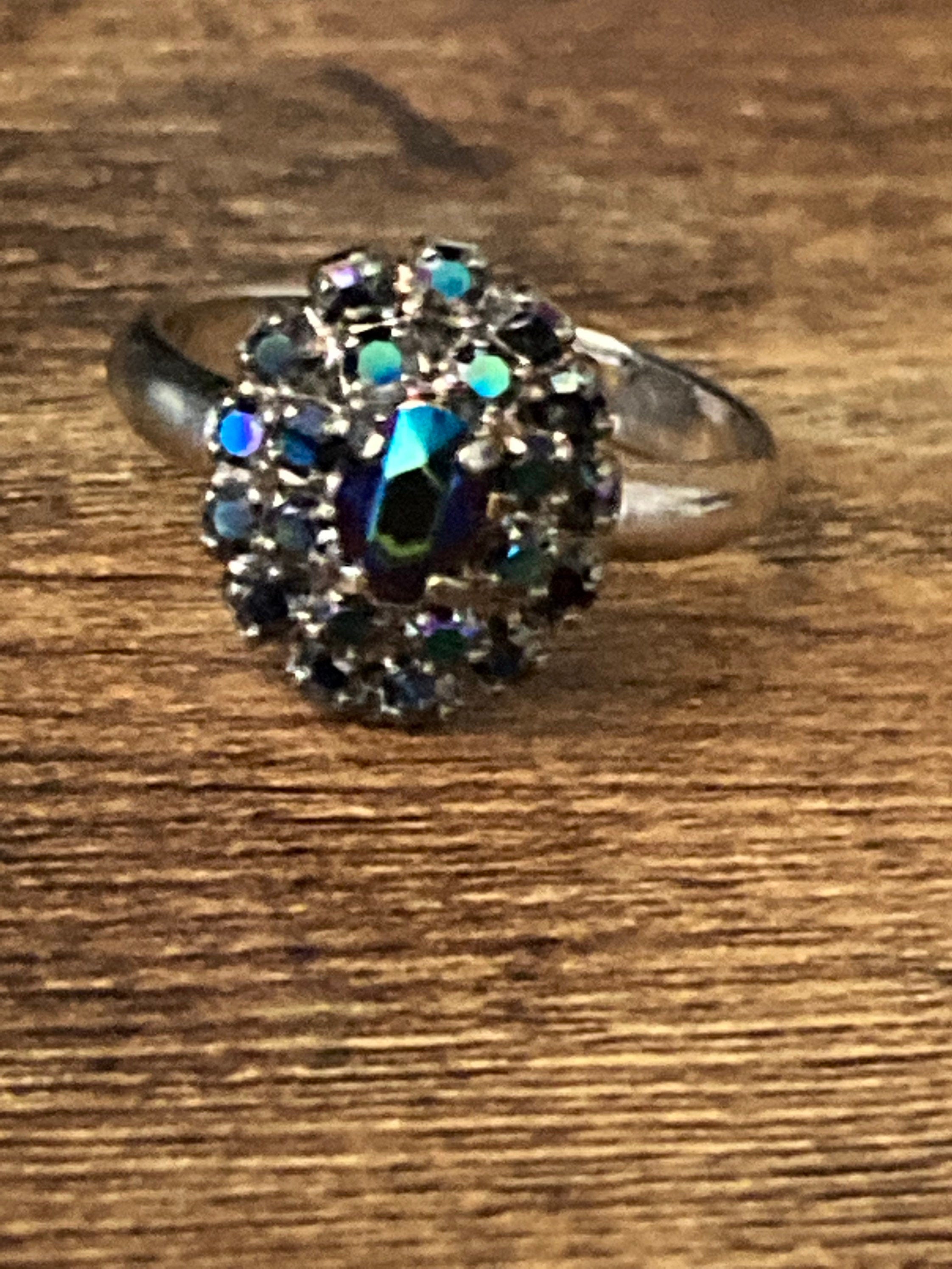 Vintage Aurora Borealis Glass Cluster Ring - Adjustable Silver Tone
