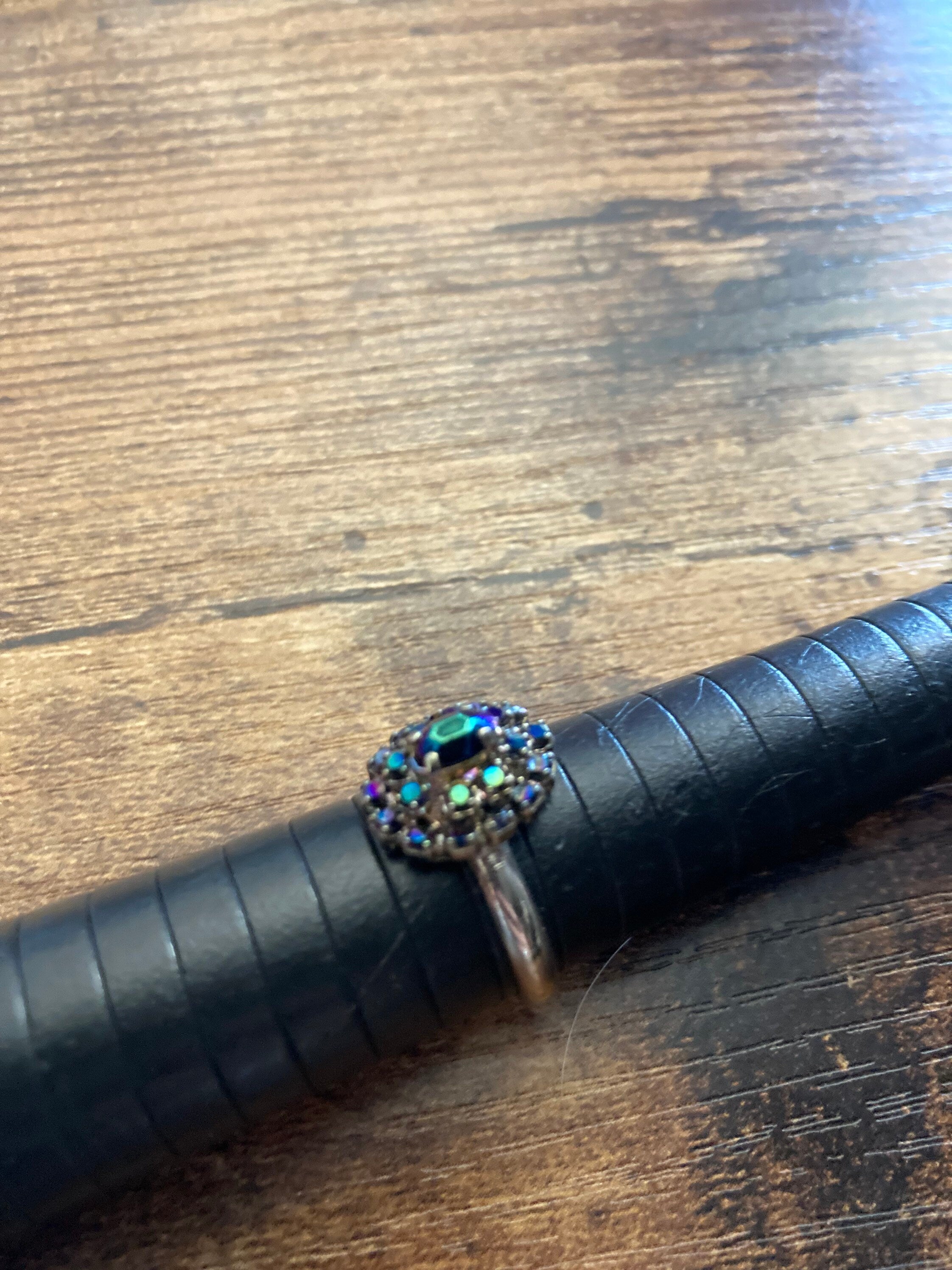 Vintage Aurora Borealis Glass Cluster Ring - Adjustable Silver Tone