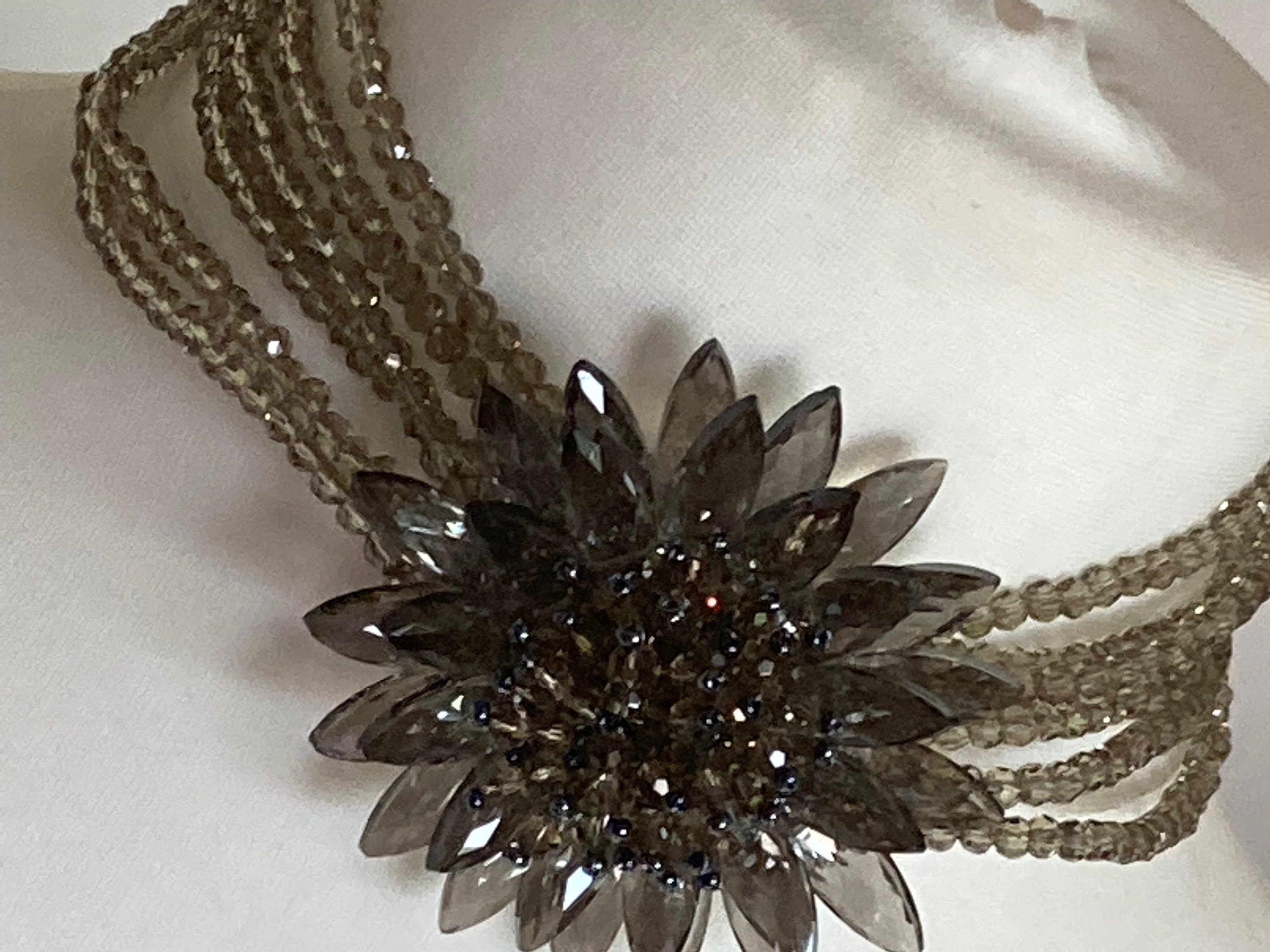 Sterling 925 clasp grey glass floral multi-strand choker necklace