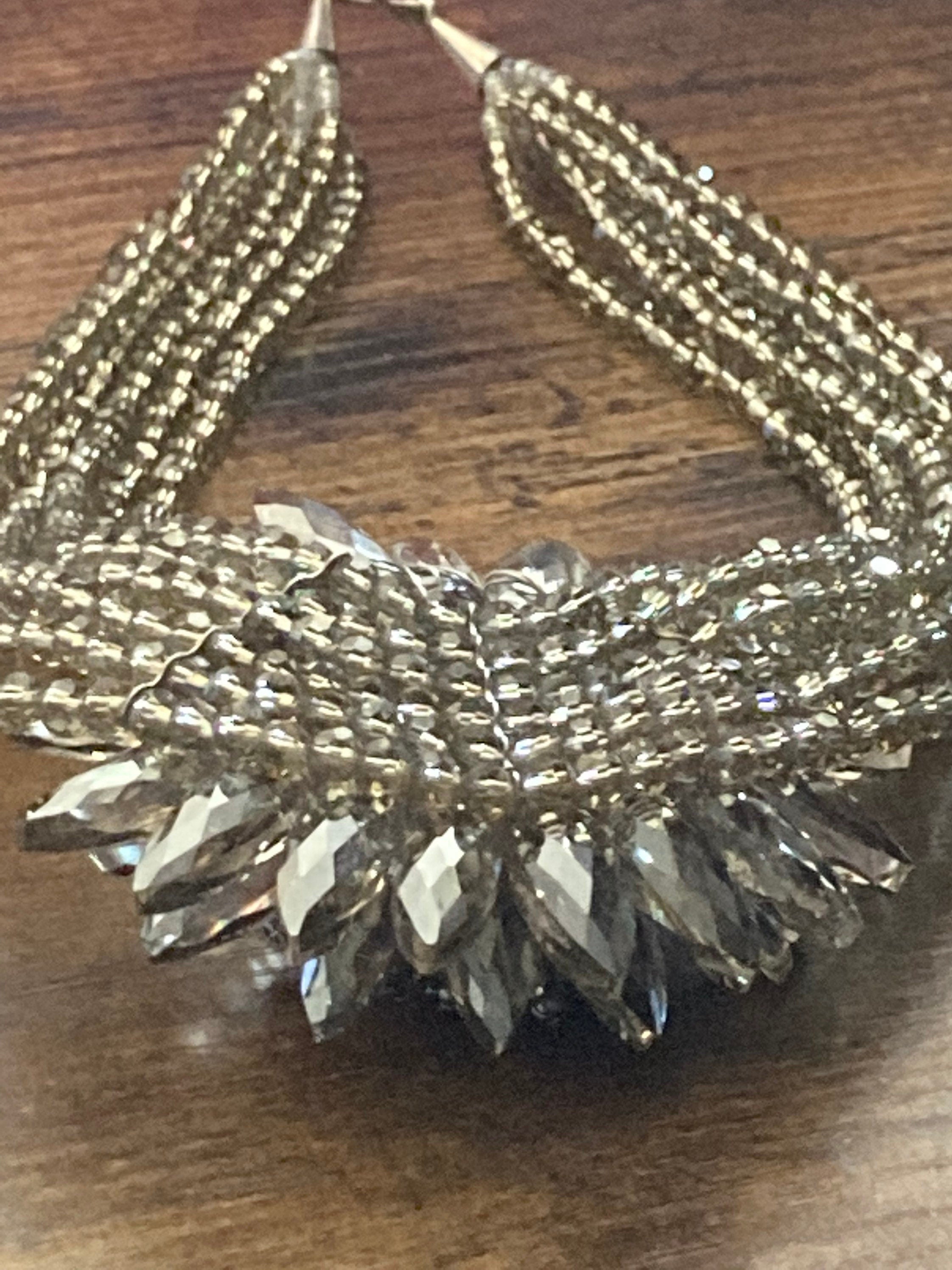 Sterling 925 clasp grey glass floral multi-strand choker necklace