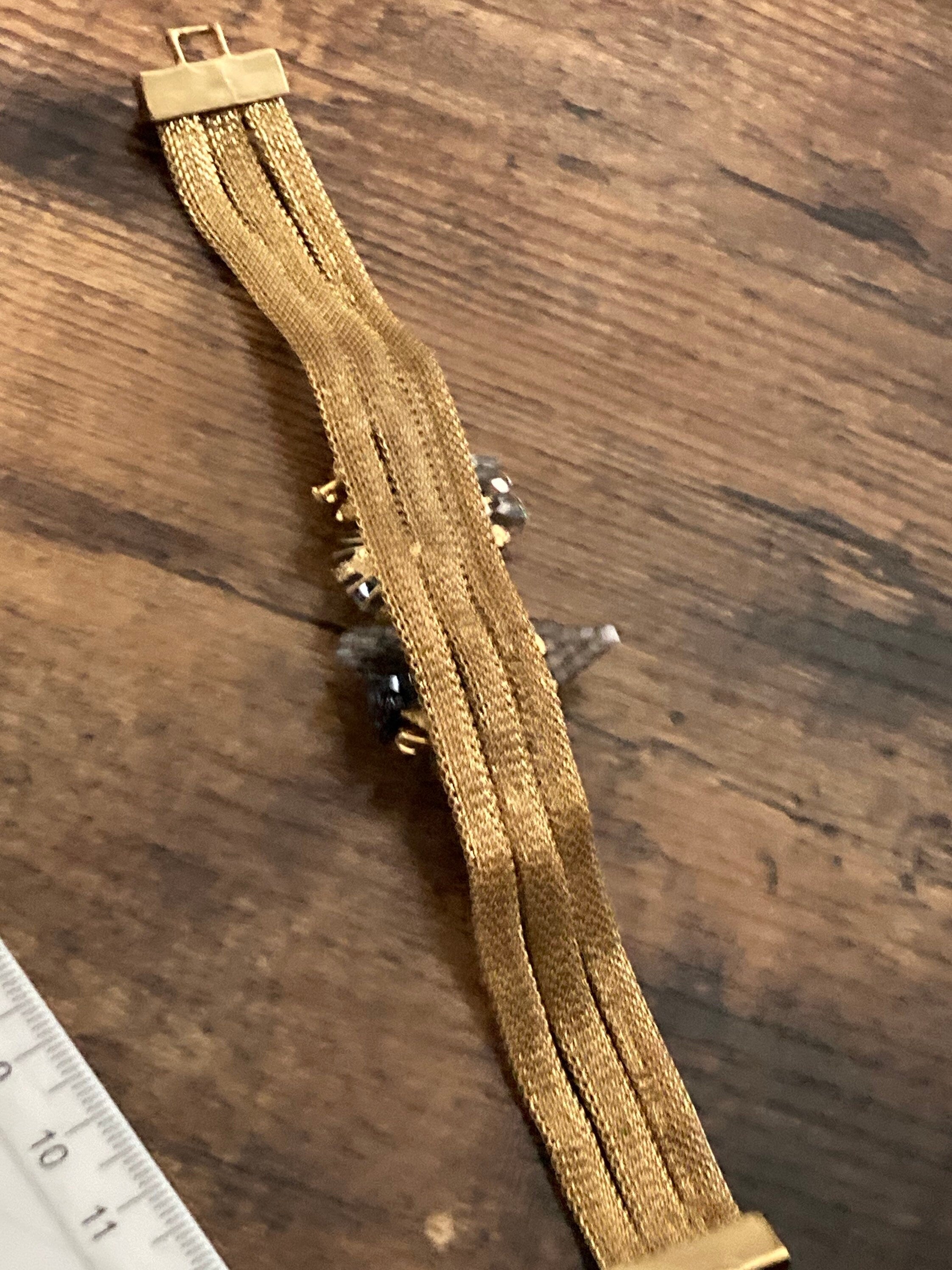 gold tone MESH wide beaded cabochon bracelet Art Deco Vintage