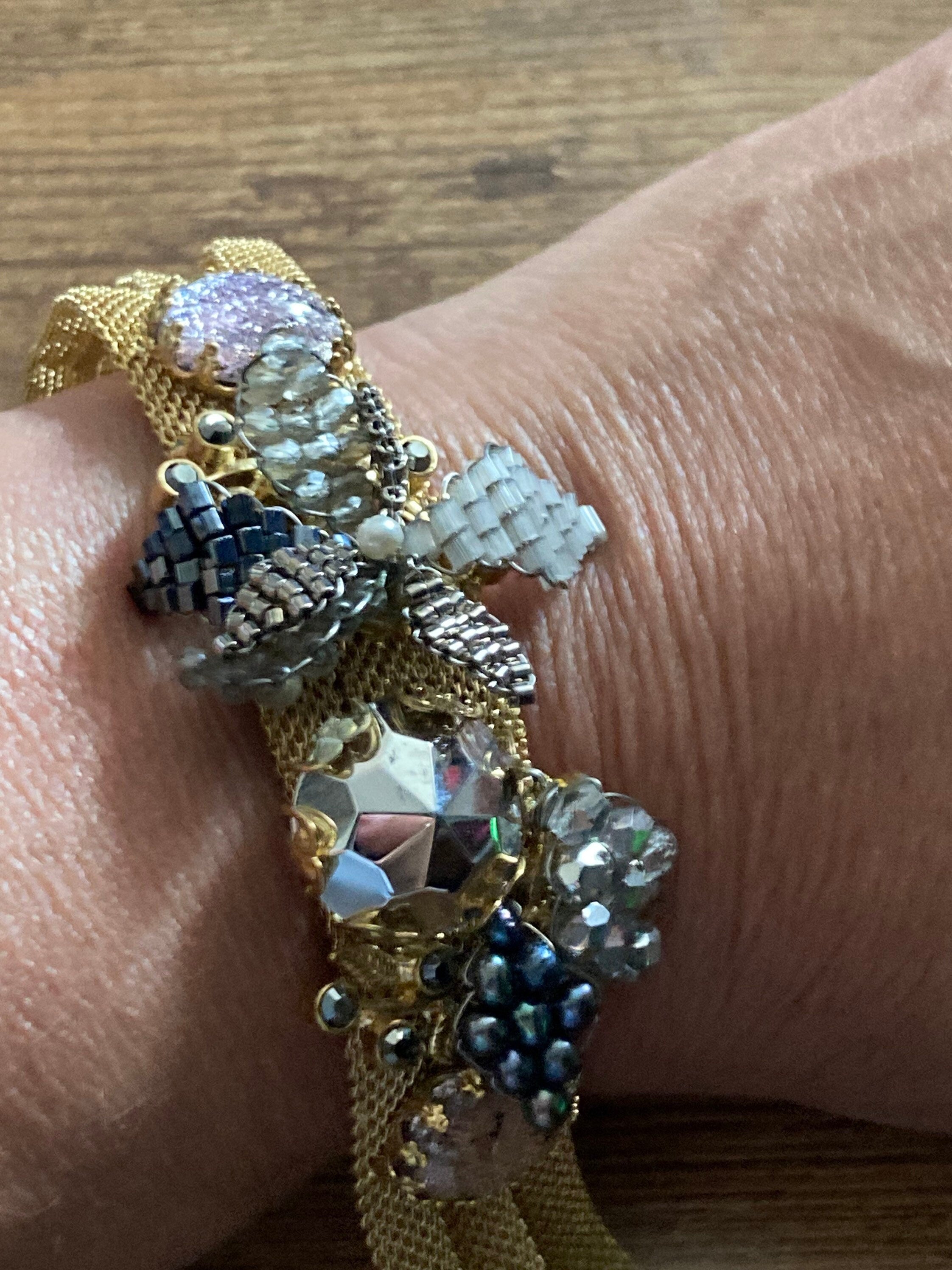 gold tone MESH wide beaded cabochon bracelet Art Deco Vintage