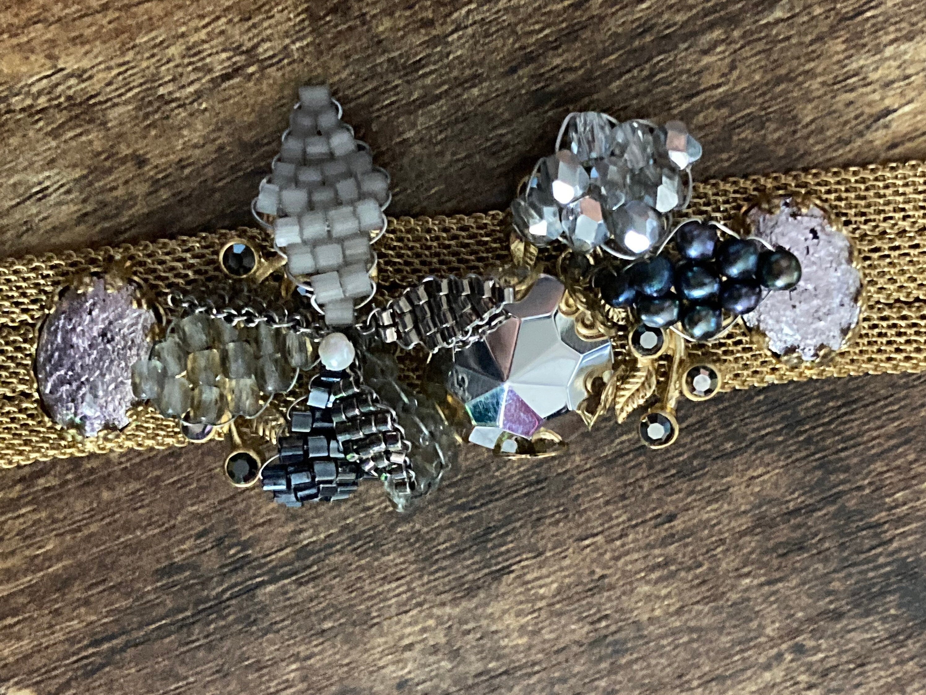 gold tone MESH wide beaded cabochon bracelet Art Deco Vintage