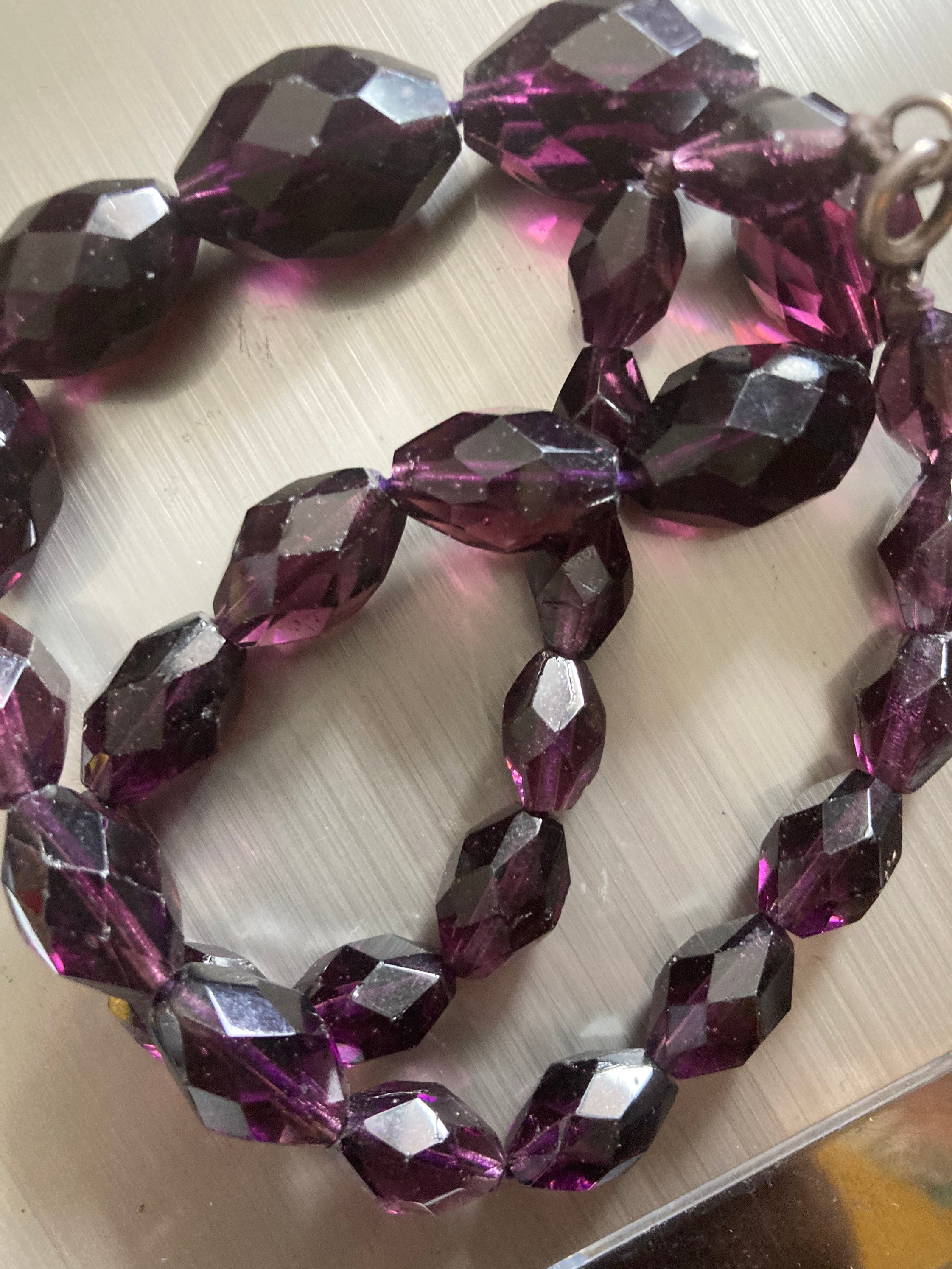 Reserved do not buy Vintage dark purple amethyst cut glass bicone beaded necklace 45cm