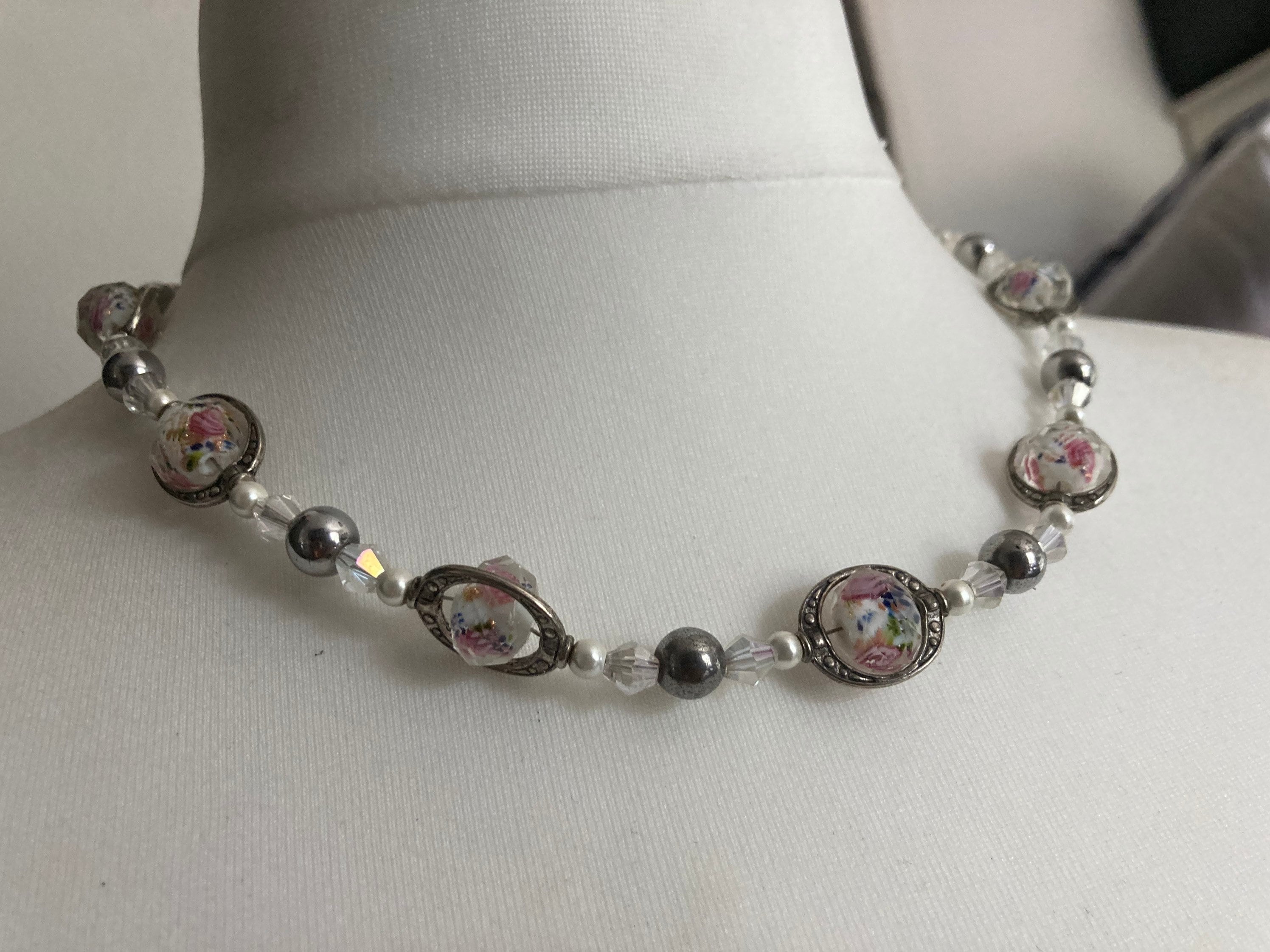 Faceted glass single strand beaded clear crystal glass and hematite necklace 51cm