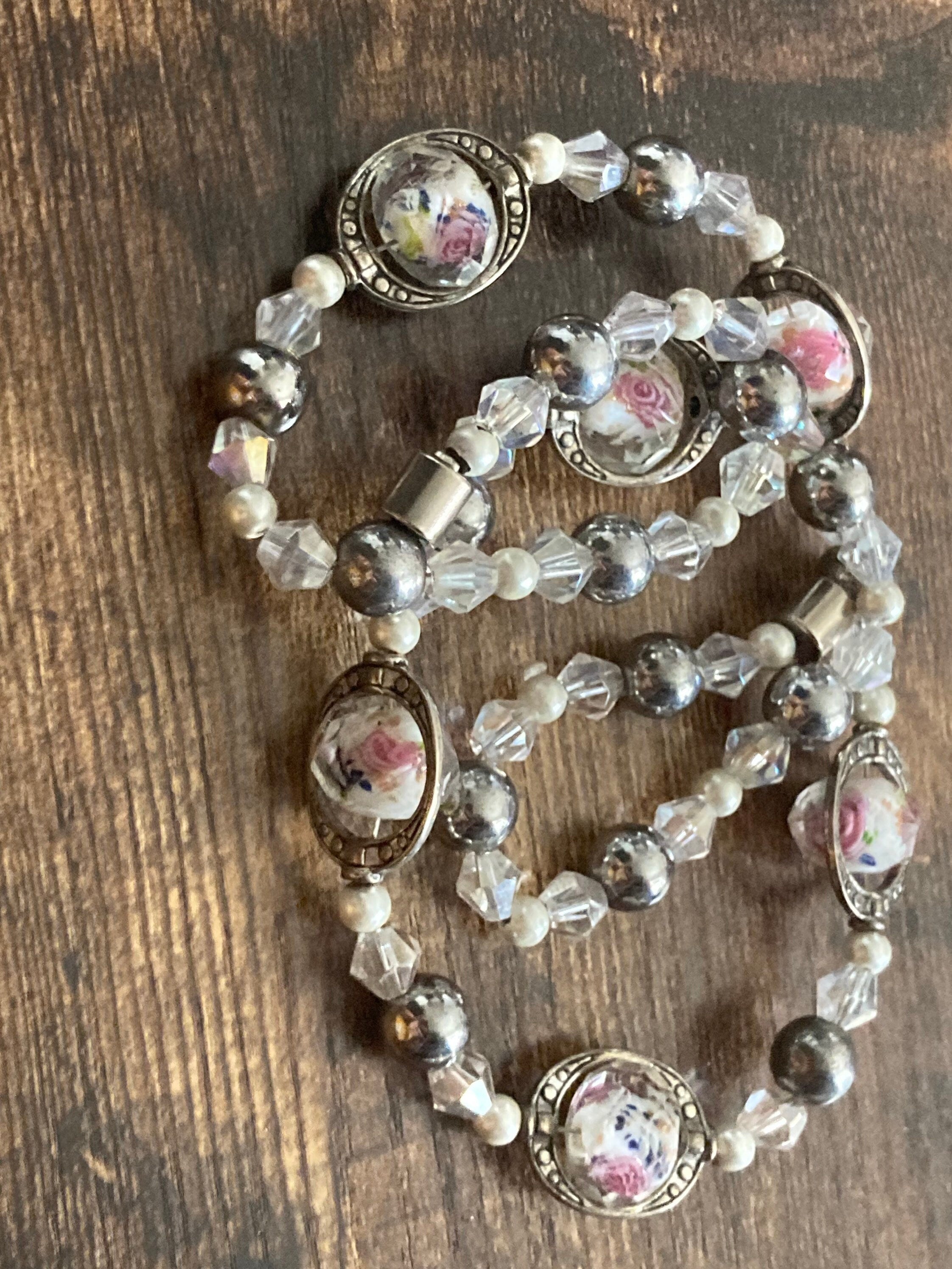 Faceted glass single strand beaded clear crystal glass and hematite necklace 51cm