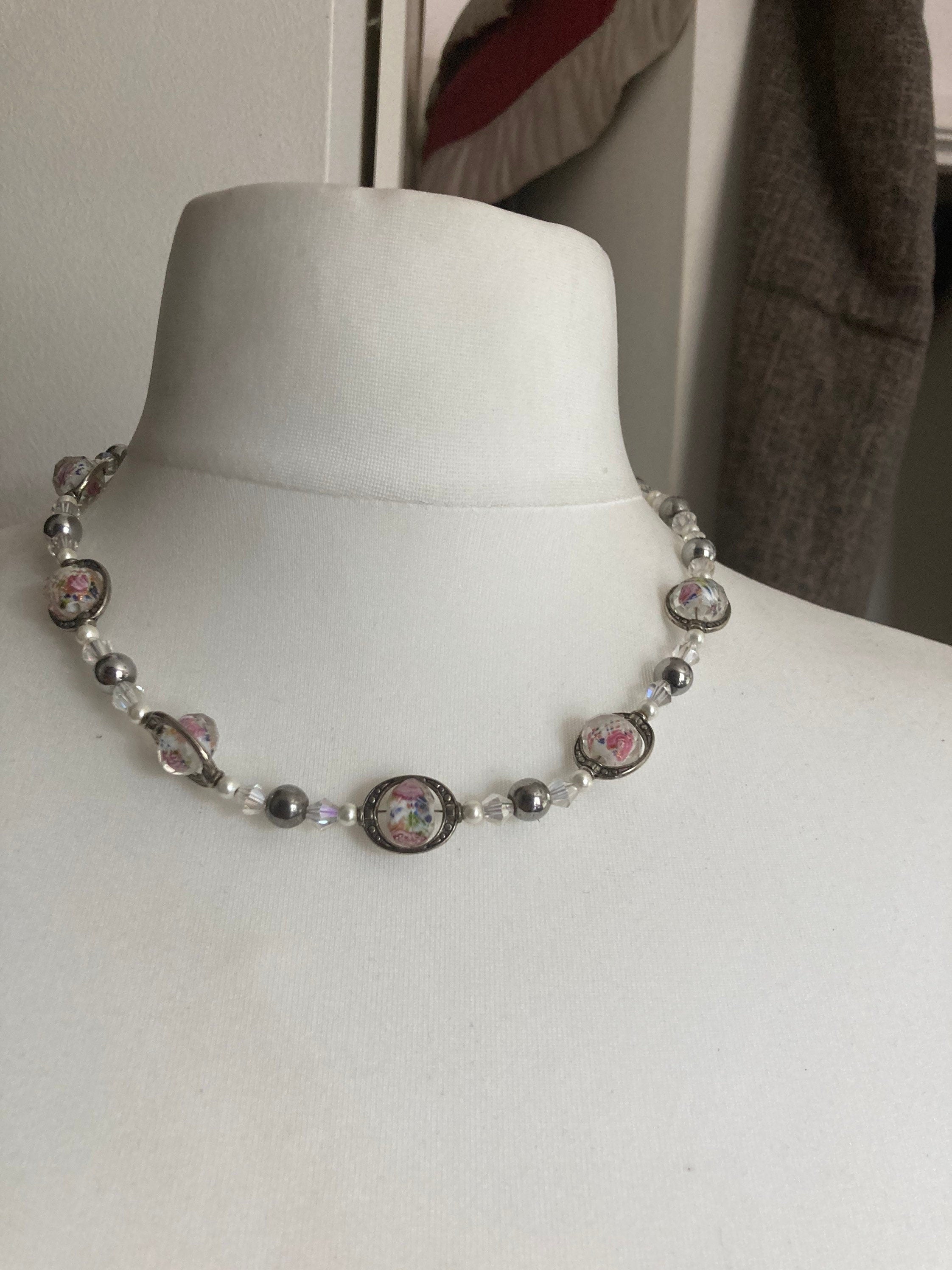 Faceted glass single strand beaded clear crystal glass and hematite necklace 51cm