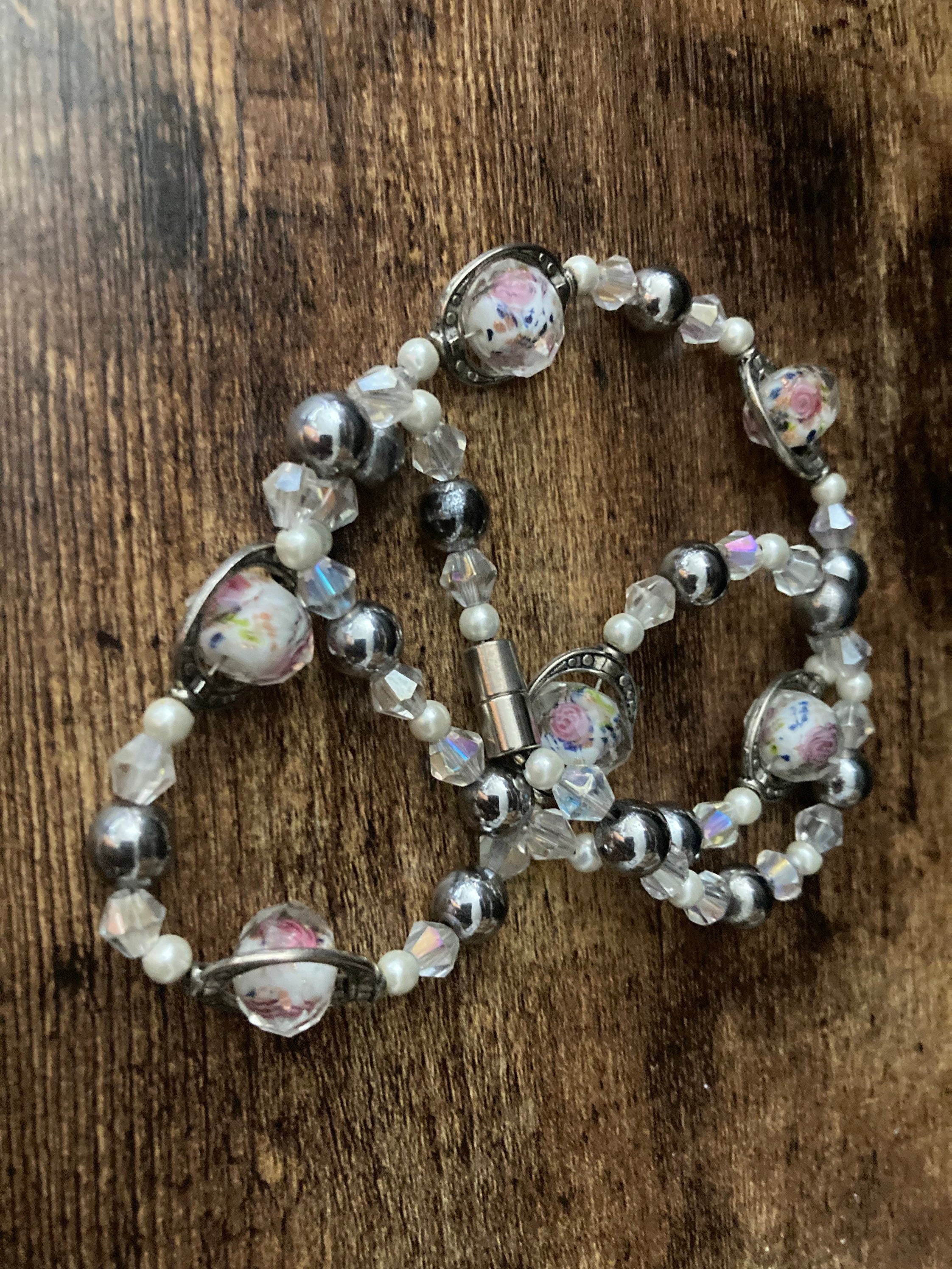 Faceted glass single strand beaded clear crystal glass and hematite necklace 51cm