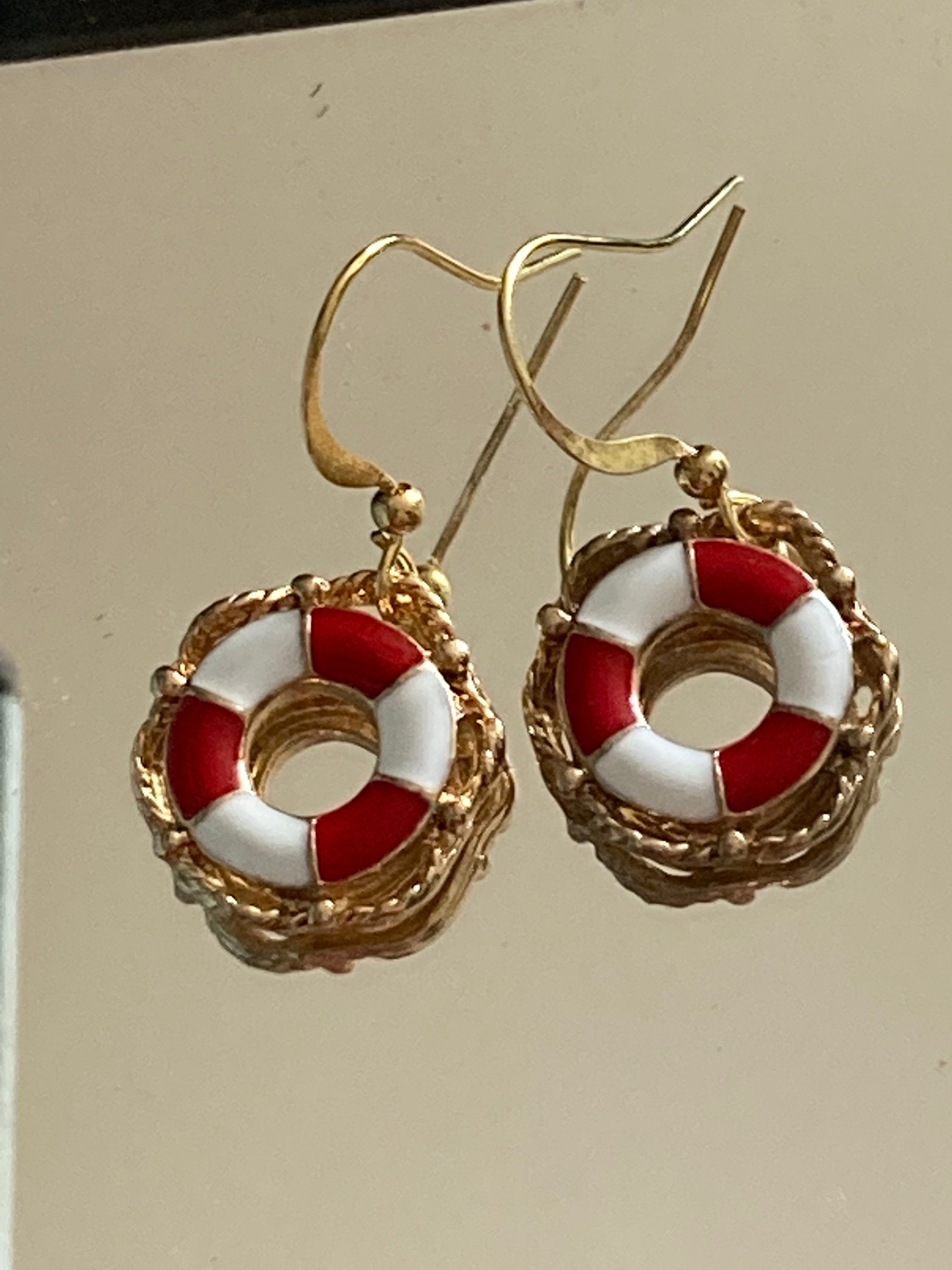 nautical red white enamel life ring bouy earrings small drops pierced gold tone