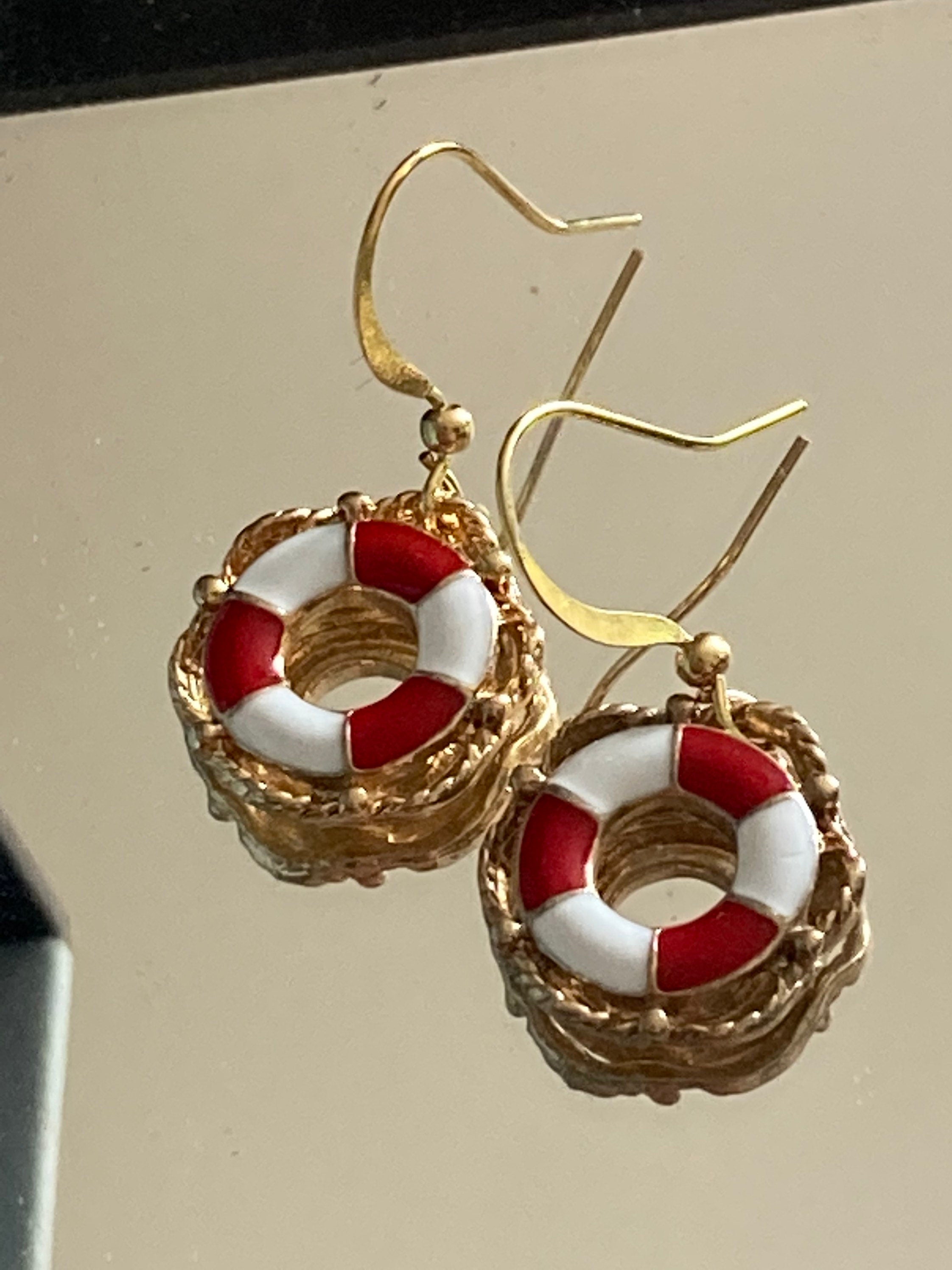 nautical red white enamel life ring bouy earrings small drops pierced gold tone