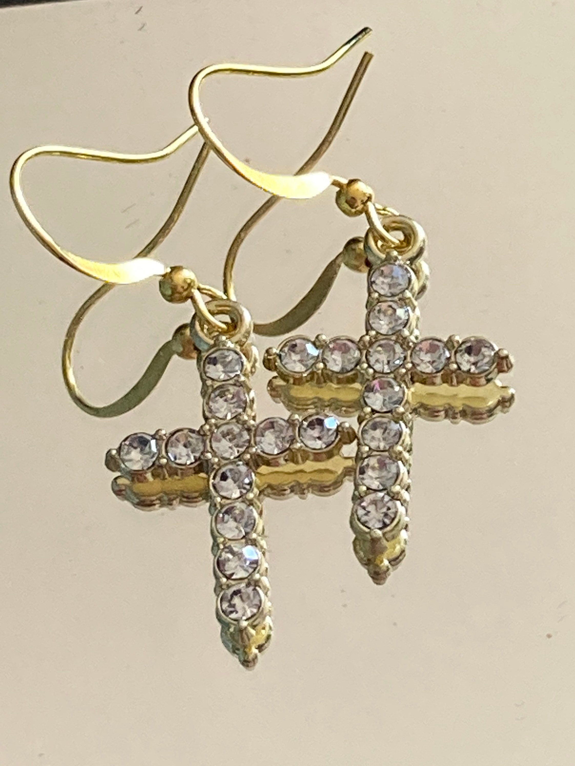 Small gold diamanté crystal cross earrings, pierced