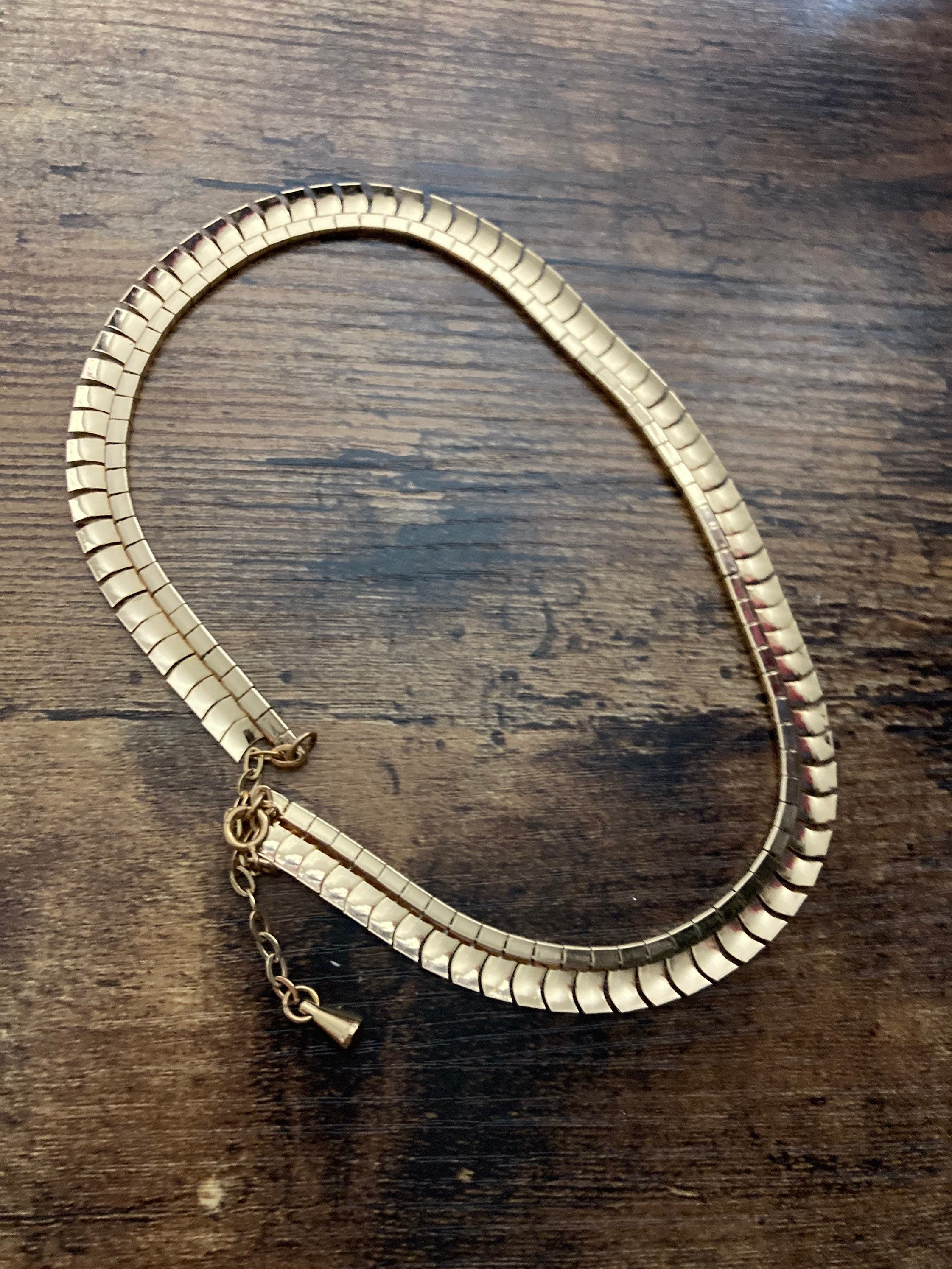 Vintage Retro Egyptian Revival Cleopatra Necklace Wide Link Runway Statement Choker gold tone necklace 1960s 1970s adj to 44 cm