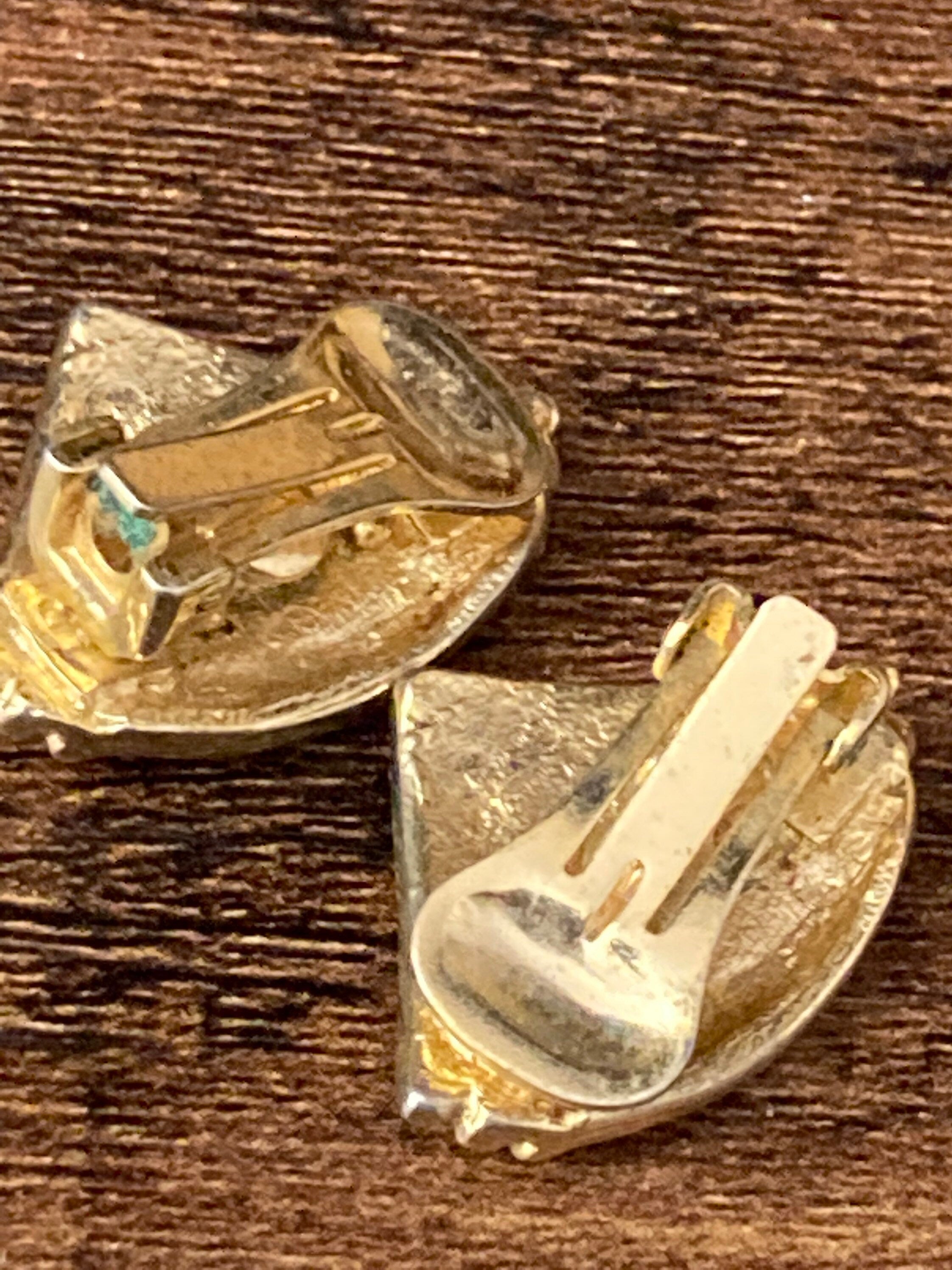 Navy blue enamel fan Clip On Gold Earrings