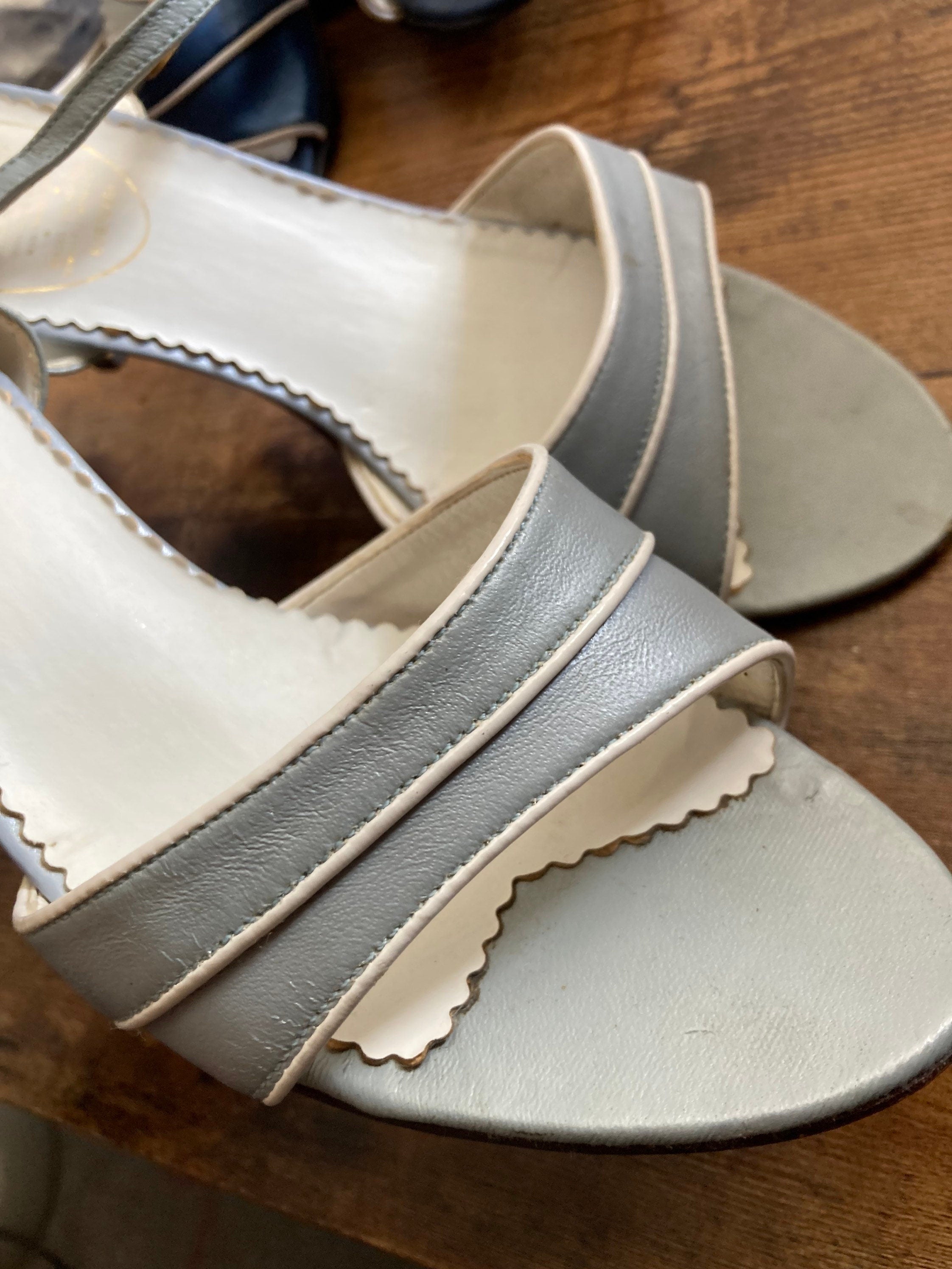 Retro St Michaels Peep Toe Sandals: Metallic Grey Silver Heels