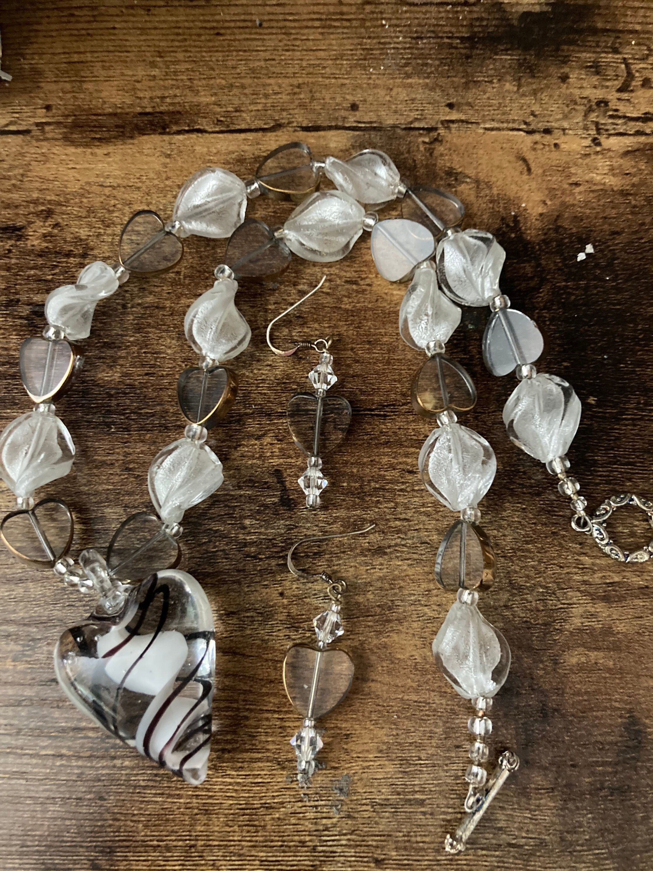 white clear bronze poured glass crystal heart necklace & matching earrings Sterling 925 clasps and ear wires