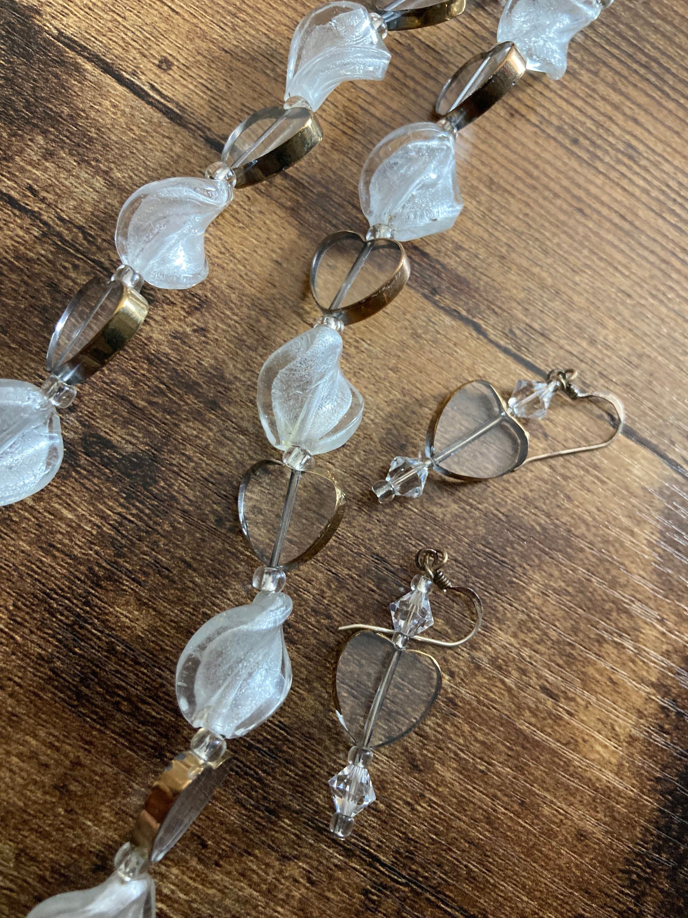 white clear bronze poured glass crystal heart necklace & matching earrings Sterling 925 clasps and ear wires