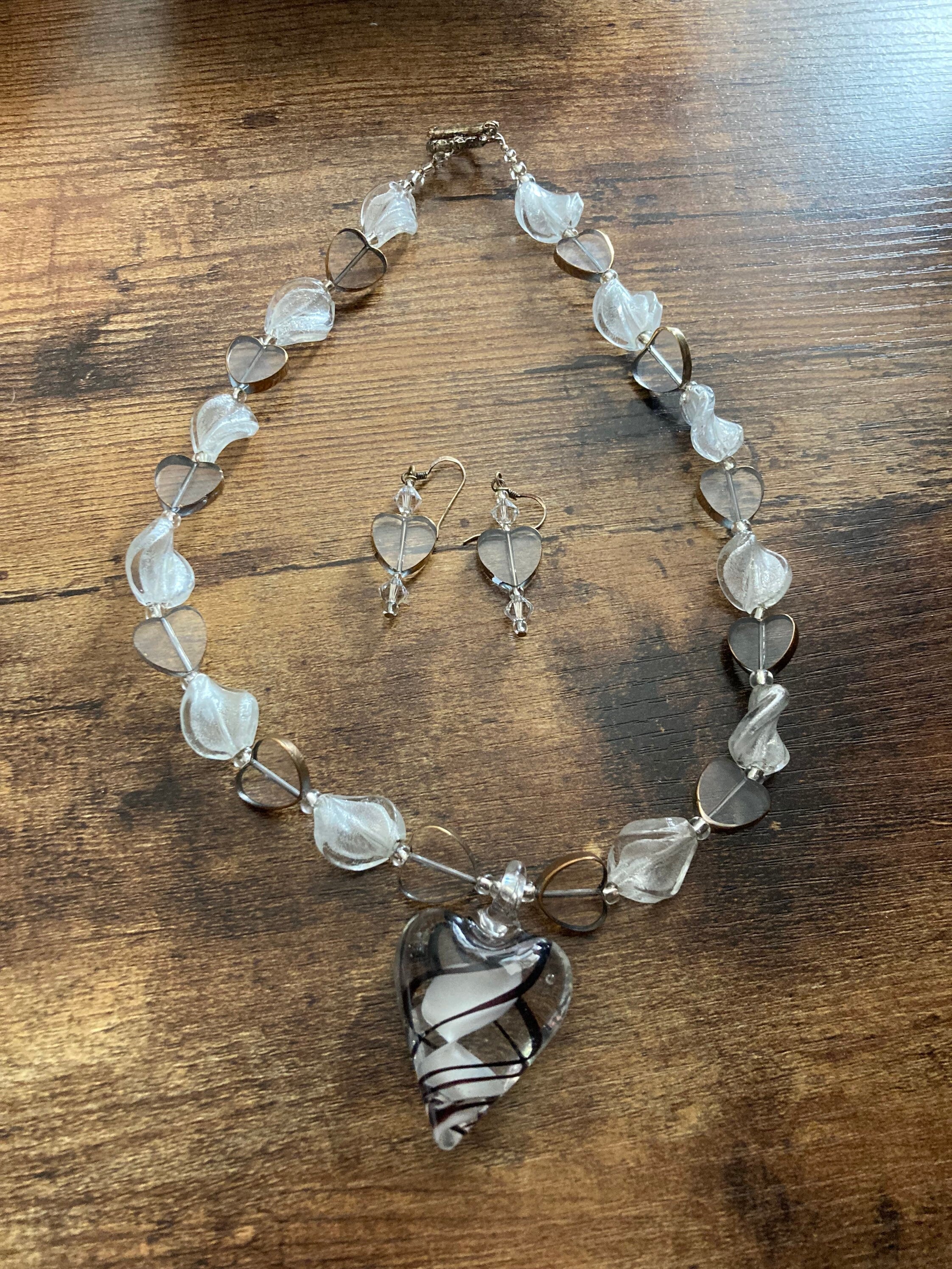 white clear bronze poured glass crystal heart necklace & matching earrings Sterling 925 clasps and ear wires