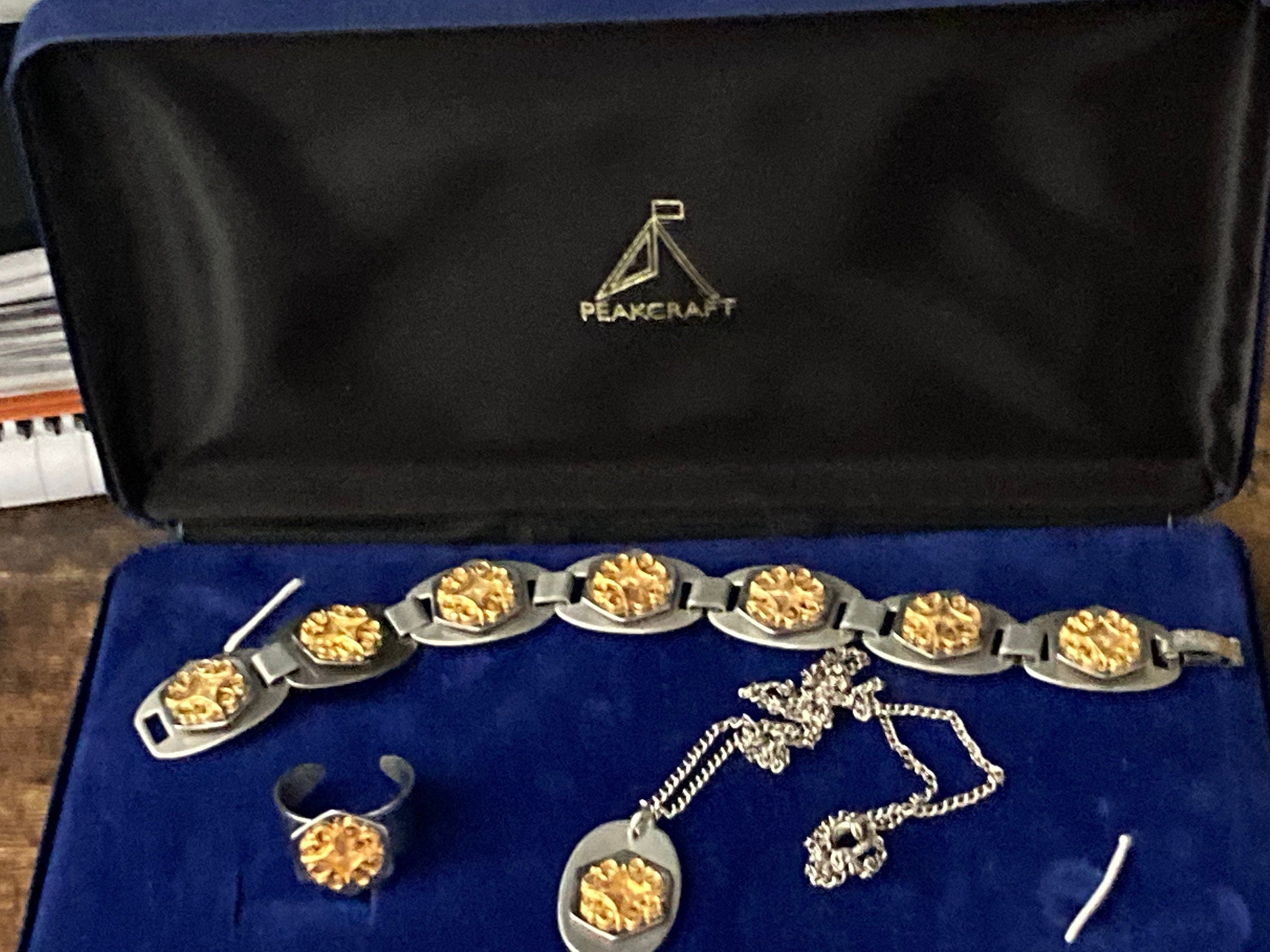 signed PEAKCRAFT vintage retro 1970s jewellery set bracelet ring and pendant necklace