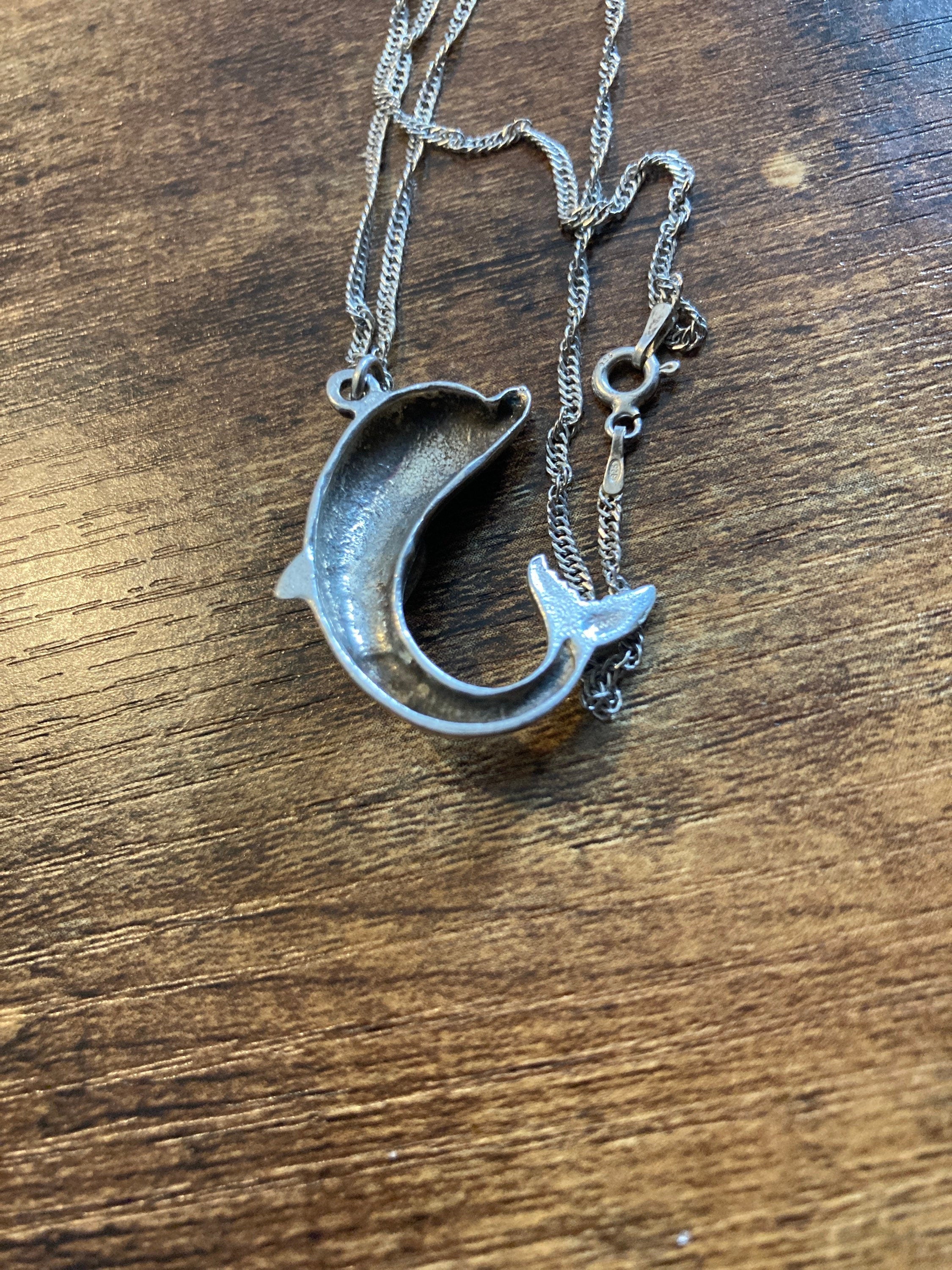 retro 925 Sterling silver DOLPHIN pendant necklace