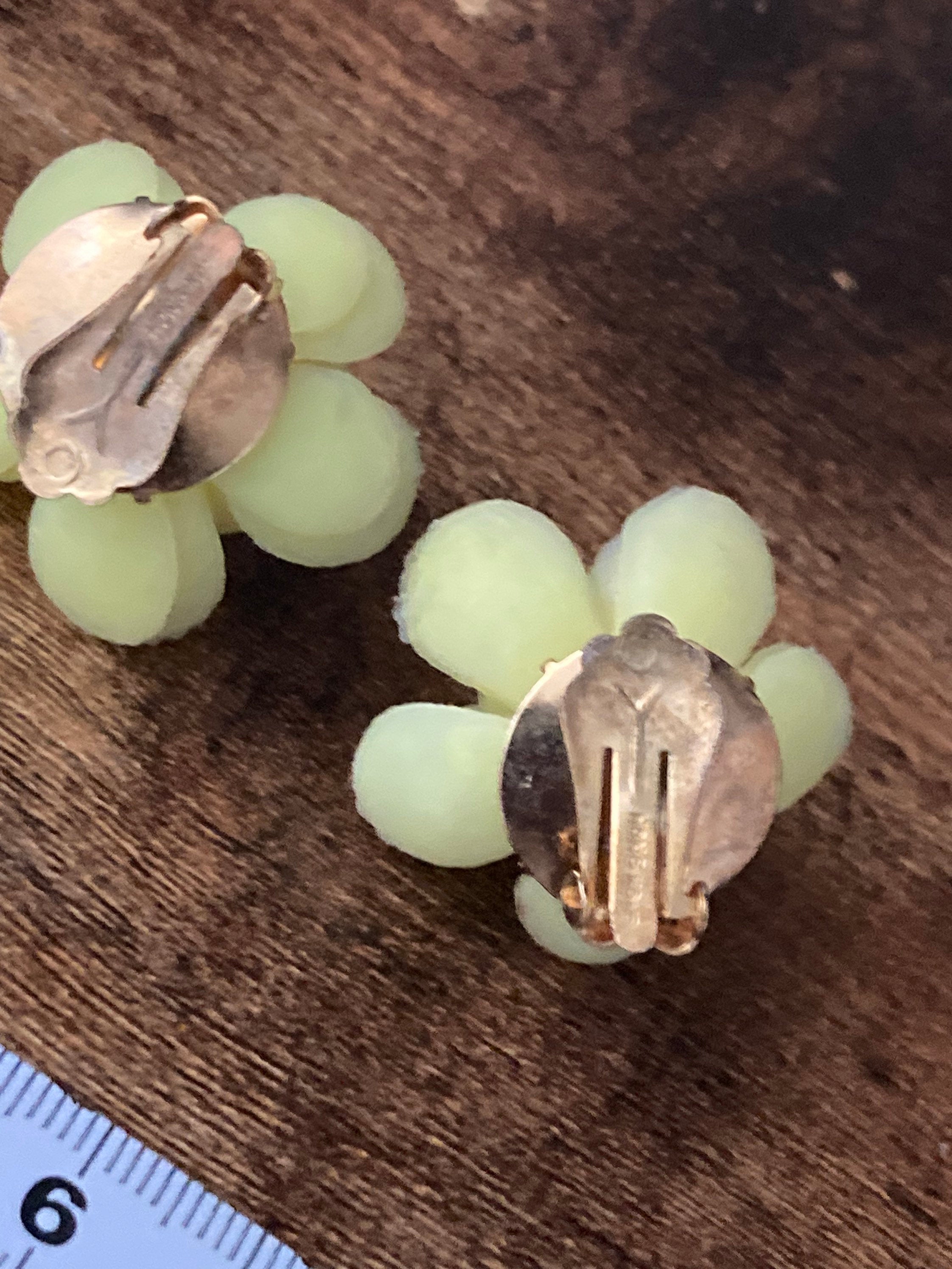 Signed Vintage primrose yellow floral flower soft rubber plastic Clip On Earrings HONG KONG