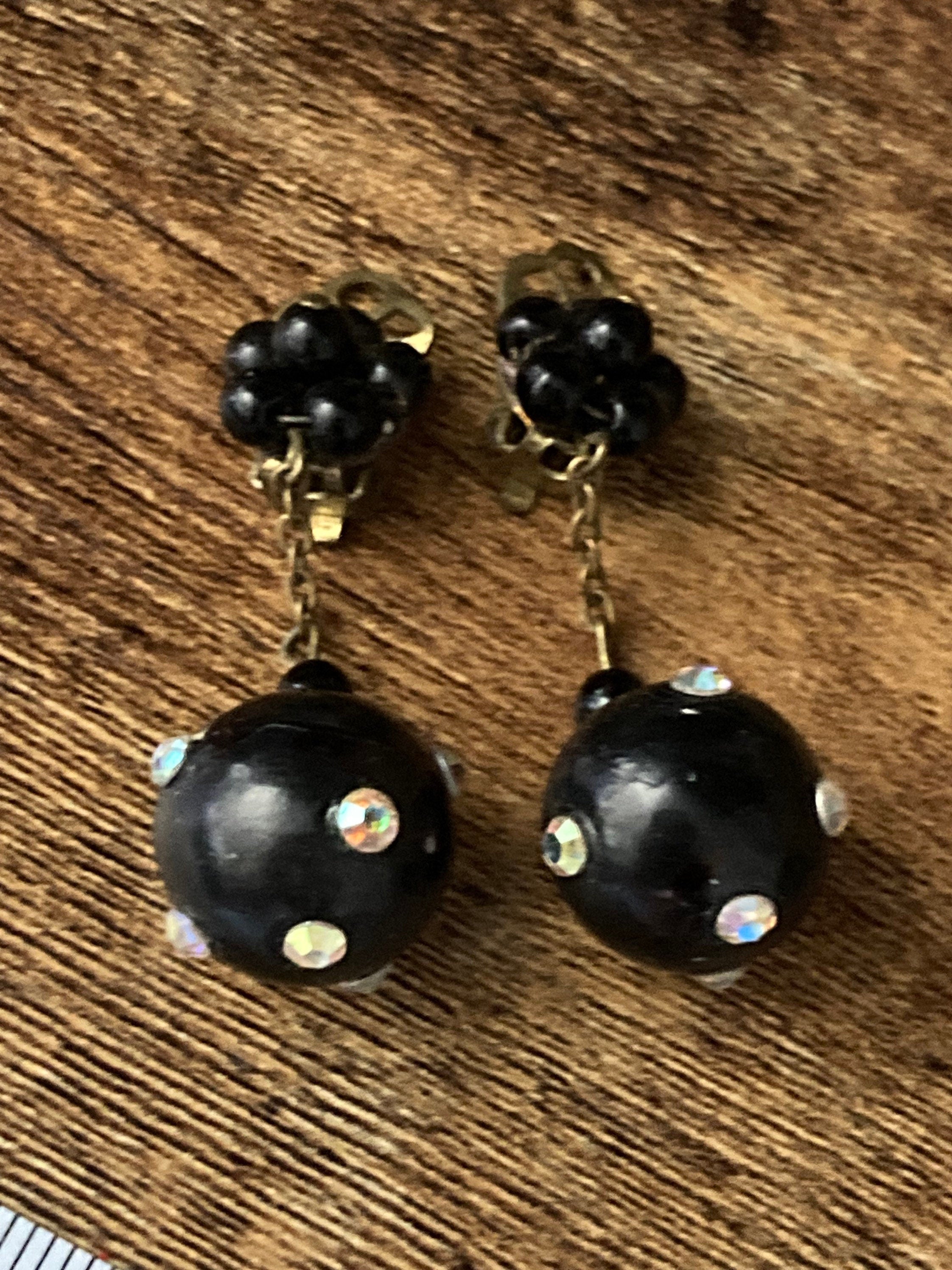 art deco black diamanté ball clip on earrings, chain link