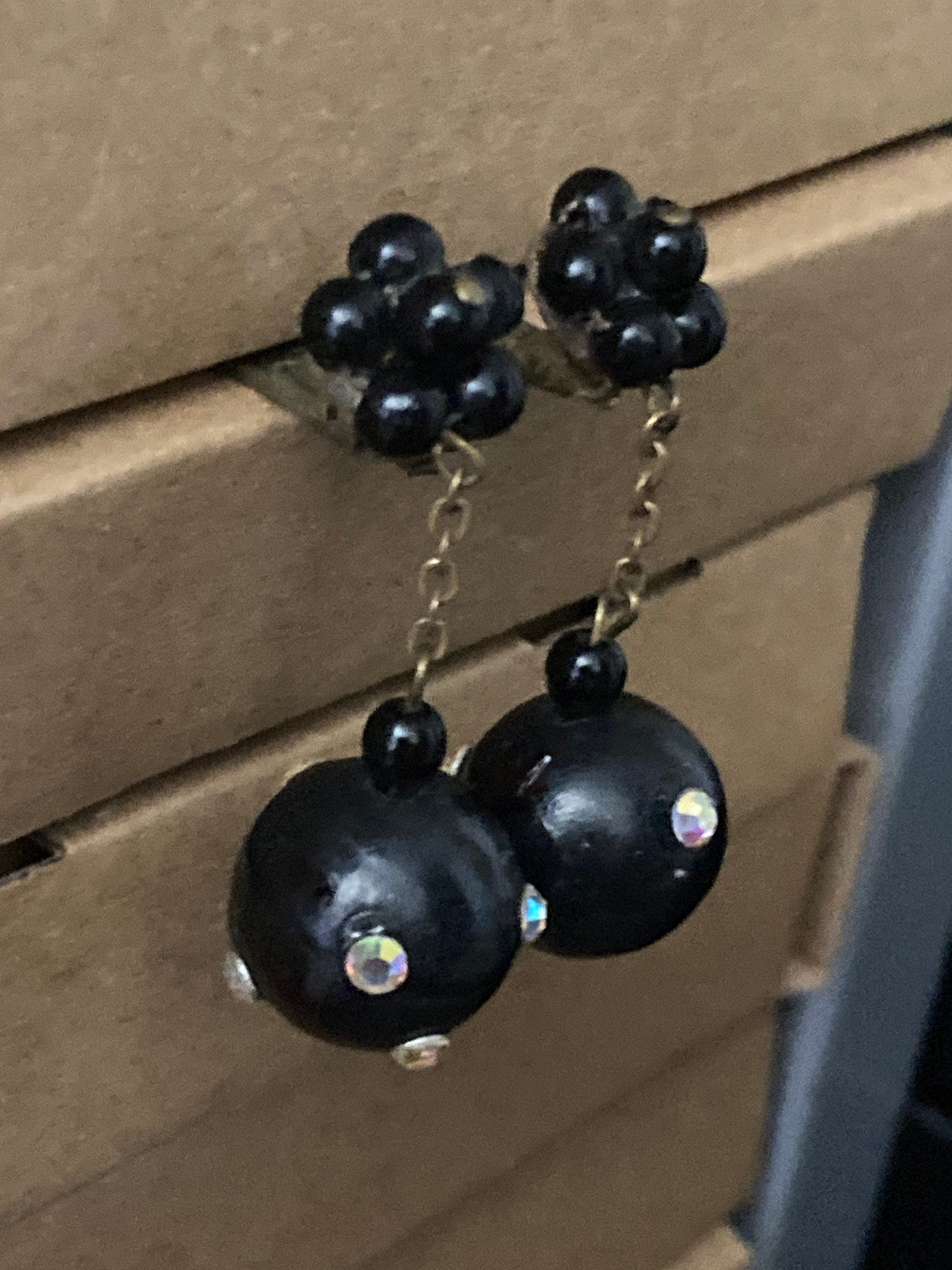 art deco black diamanté ball clip on earrings, chain link